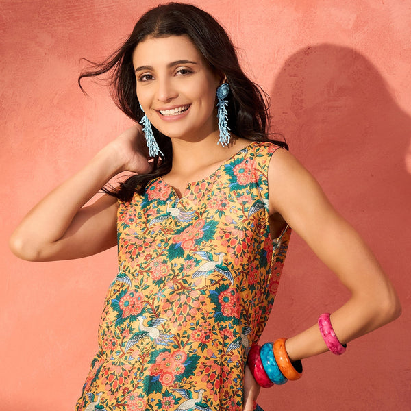 InWeave Corn Yellow Bird Floral Print W/S Top - Distacart