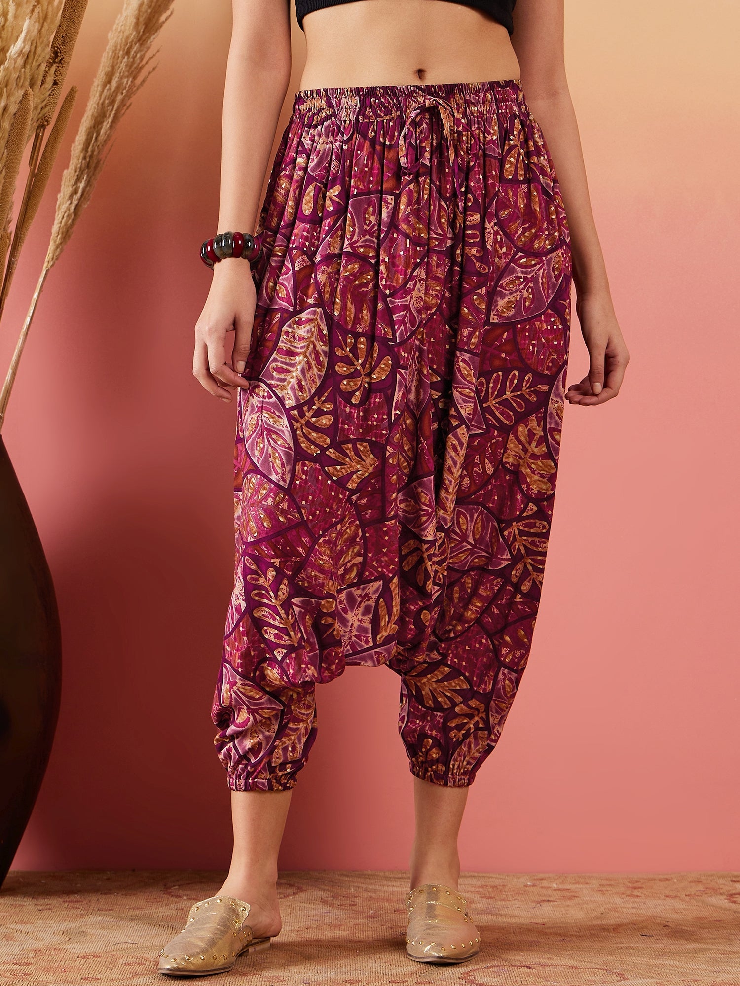 InWeave Wine Maroon Leaf Print Foil Harem Pant