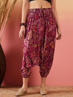 Thumbnail for InWeave Wine Maroon Leaf Print Foil Harem Pant