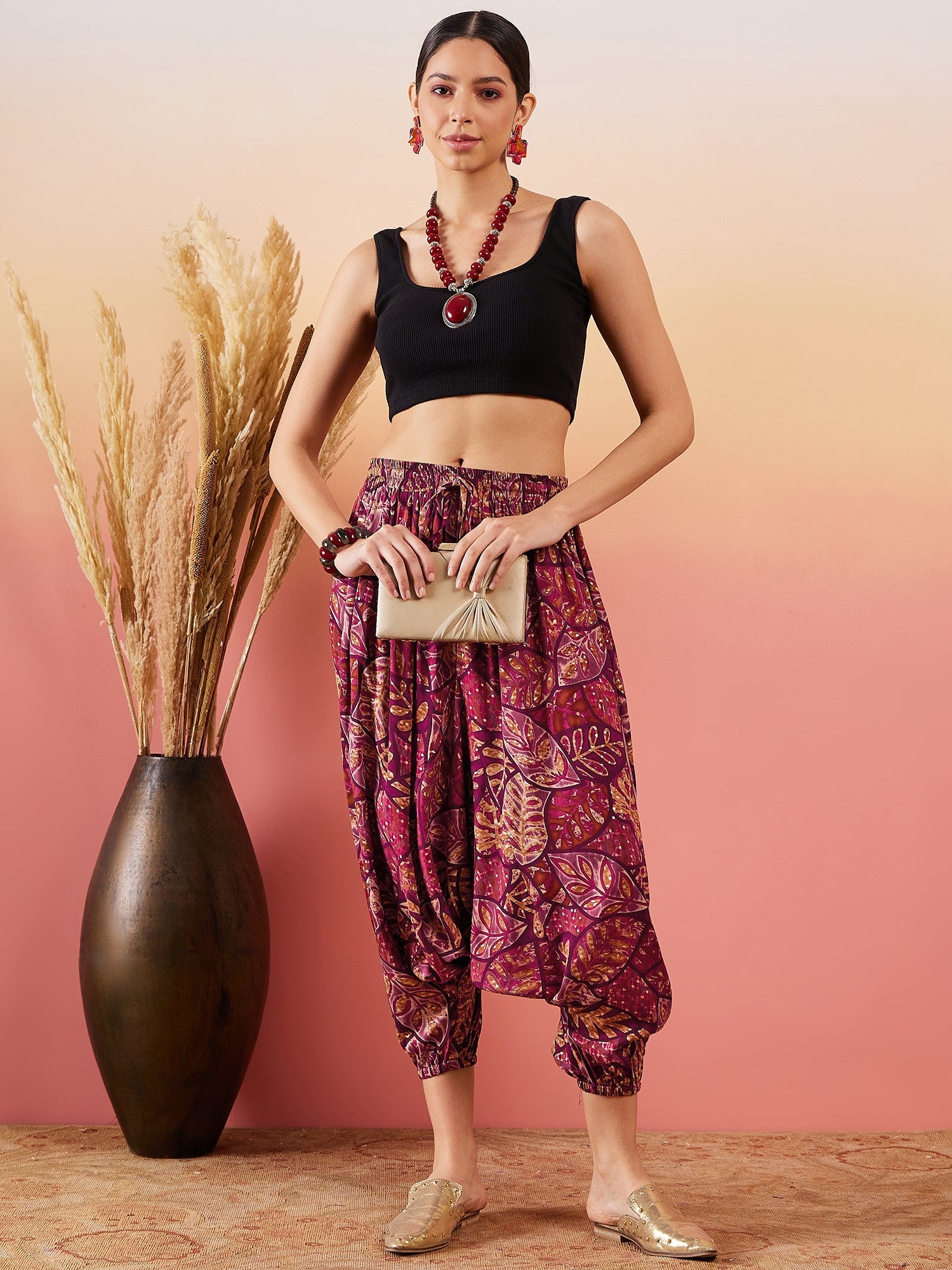 InWeave Wine Maroon Leaf Print Foil Harem Pant - Distacart