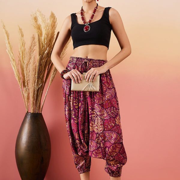 InWeave Wine Maroon Leaf Print Foil Harem Pant - Distacart