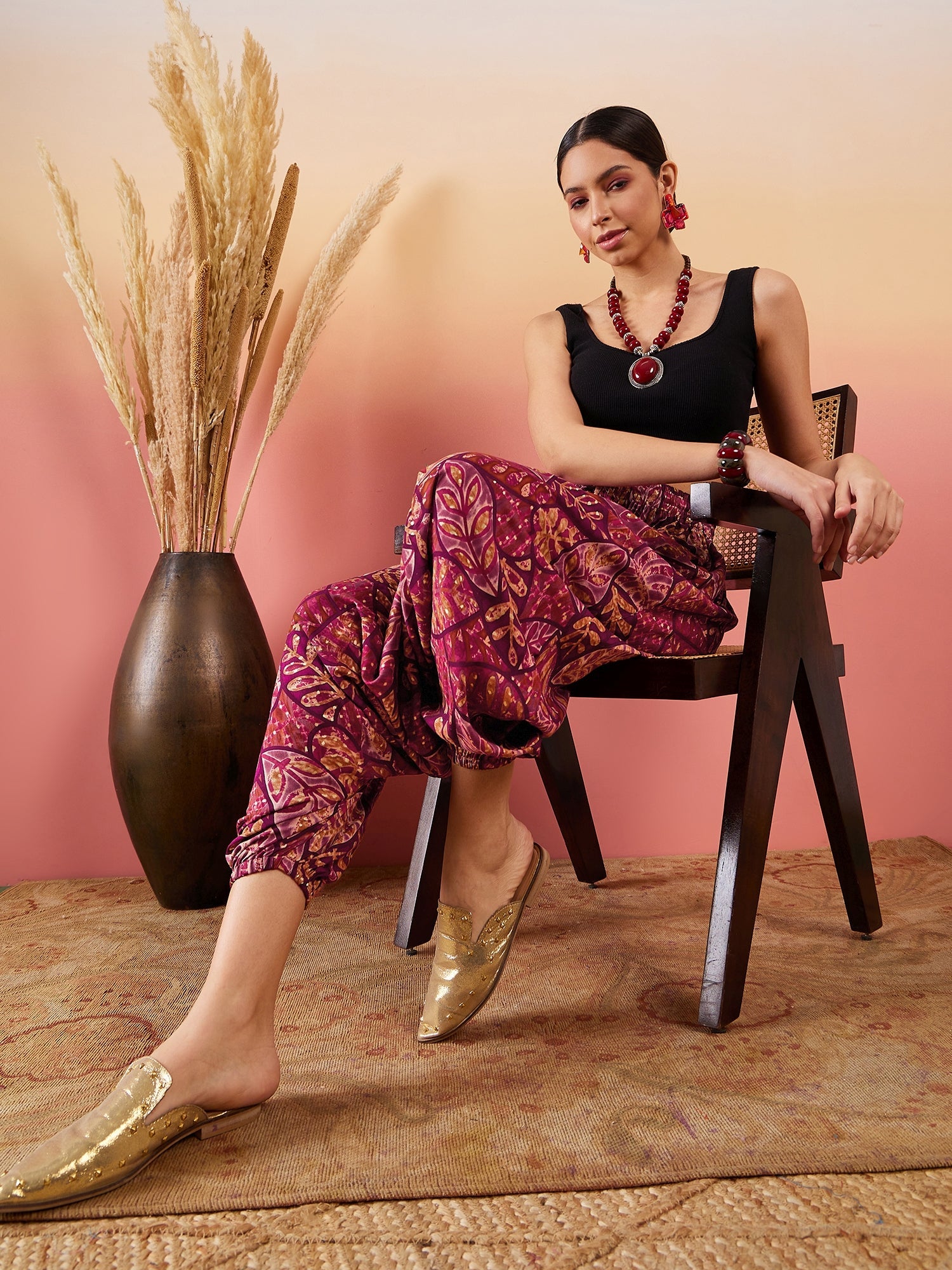 InWeave Wine Maroon Leaf Print Foil Harem Pant - Distacart