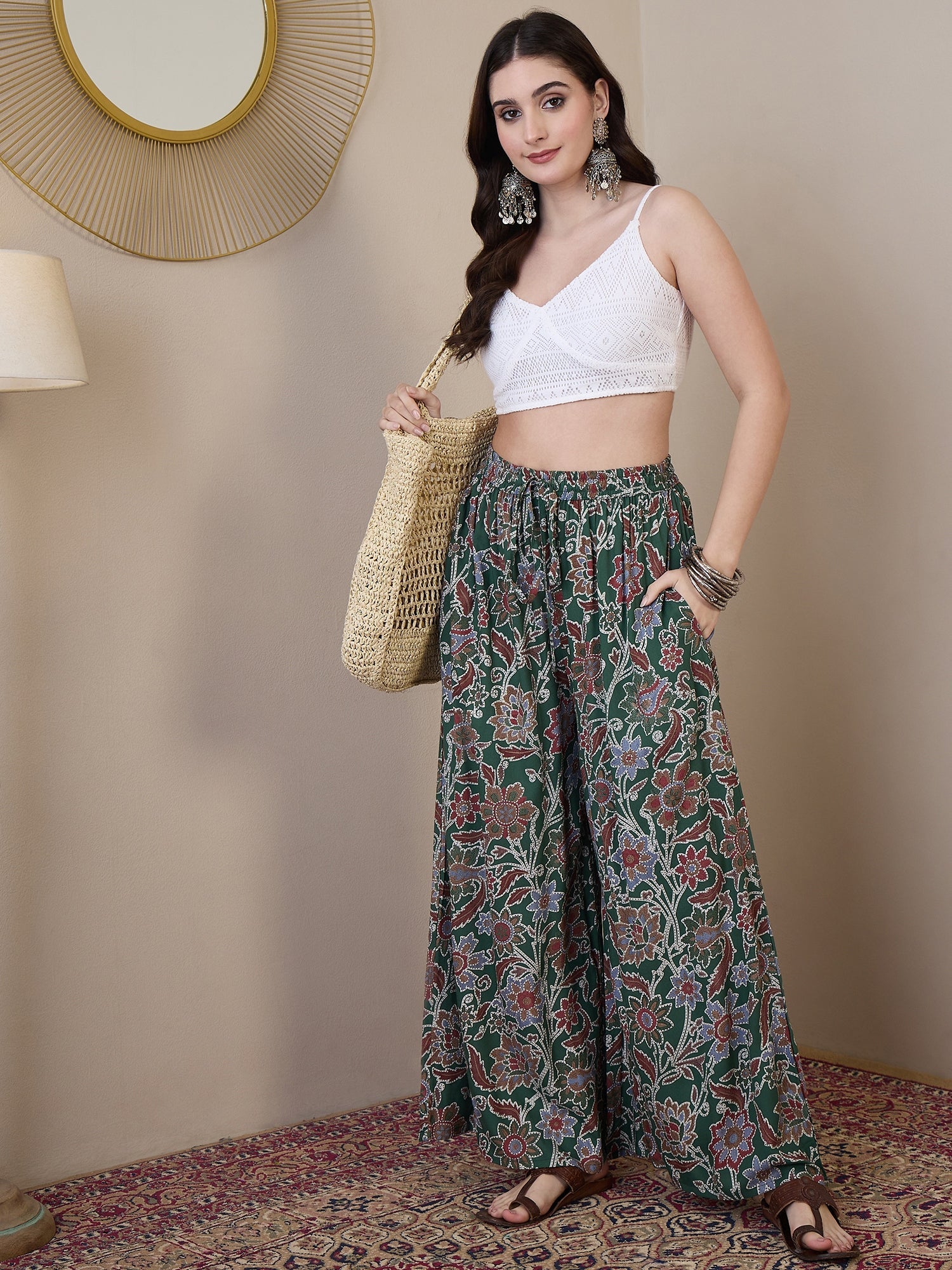 InWeave Green Big Jaal Palazzo - Distacart