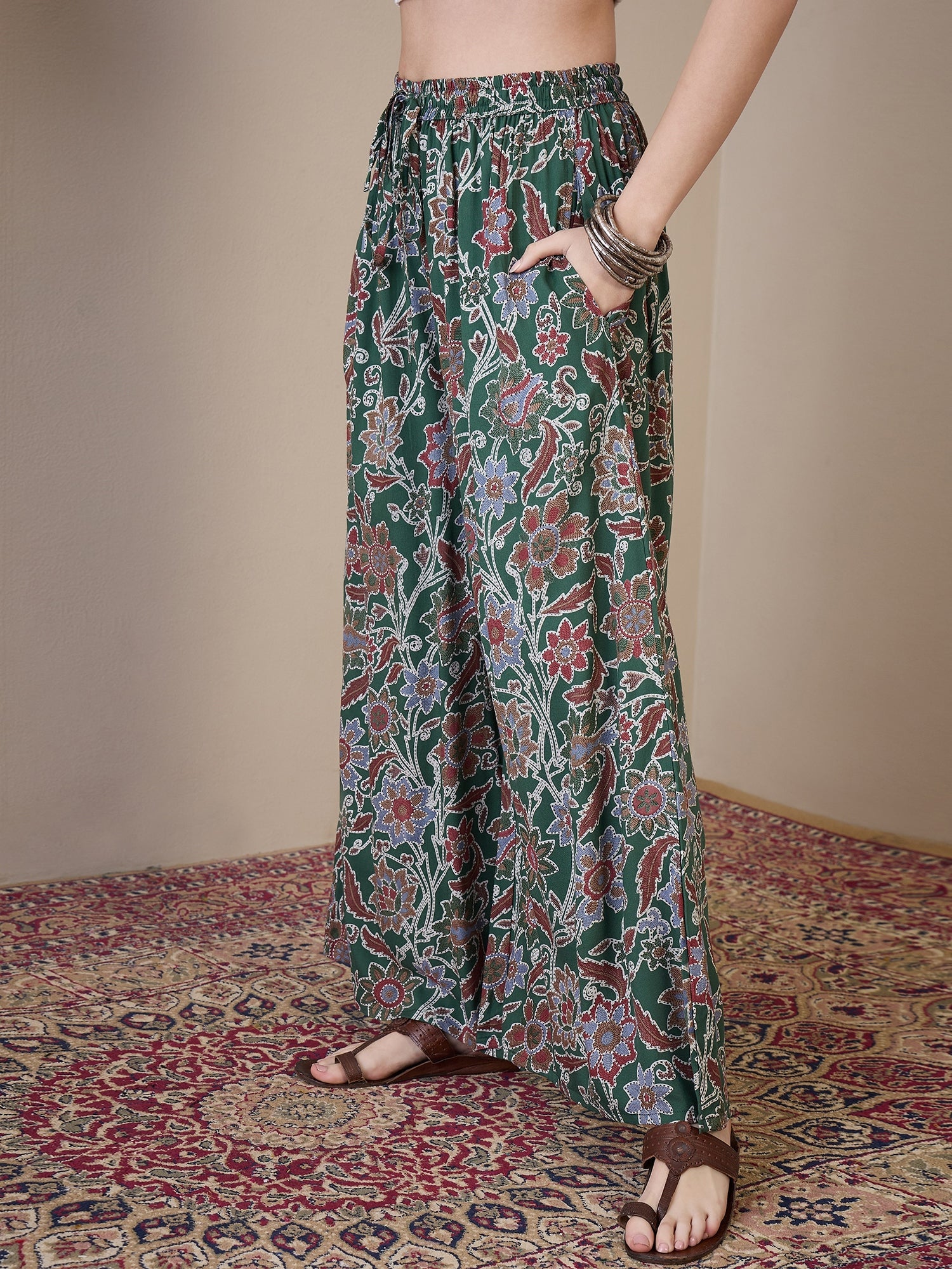 InWeave Green Big Jaal Palazzo - Distacart