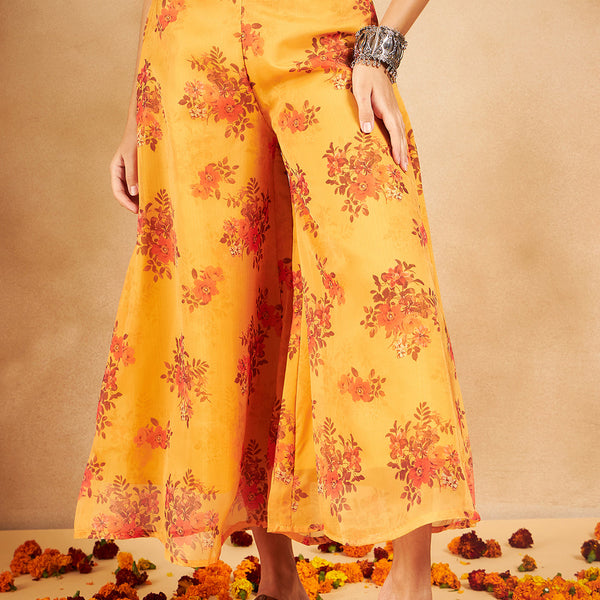InWeave Mustard Rose Printed Organza Palazzo - Distacart