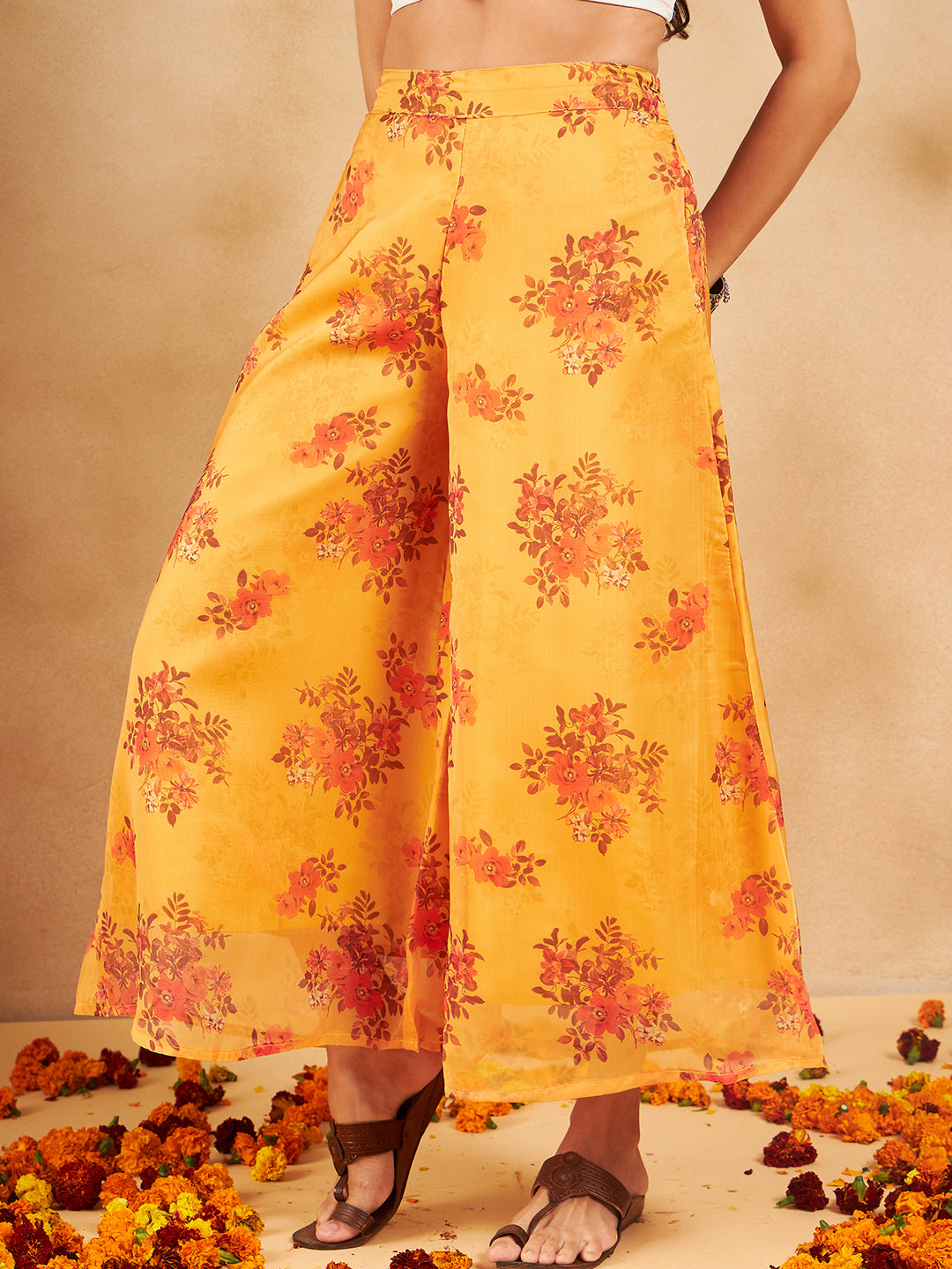 InWeave Mustard Rose Printed Organza Palazzo - Distacart