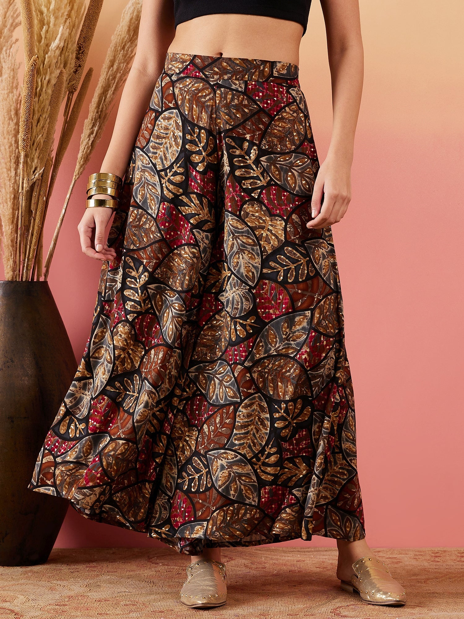 InWeave Black Grey Leaf Print Foil Palazzo