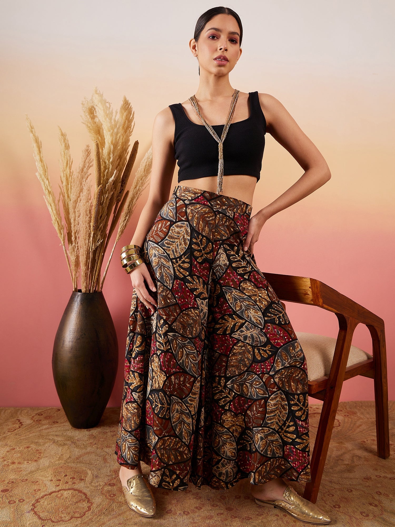 InWeave Black Grey Leaf Print Foil Palazzo - Distacart