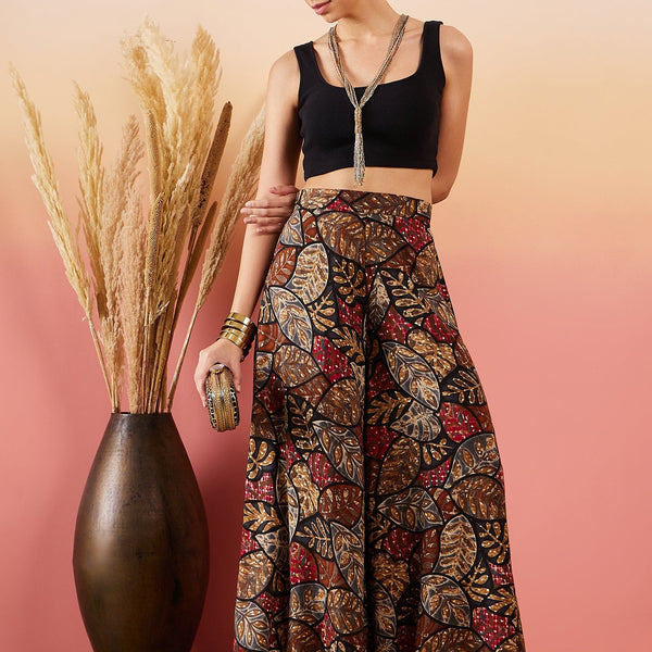 InWeave Black Grey Leaf Print Foil Palazzo - Distacart