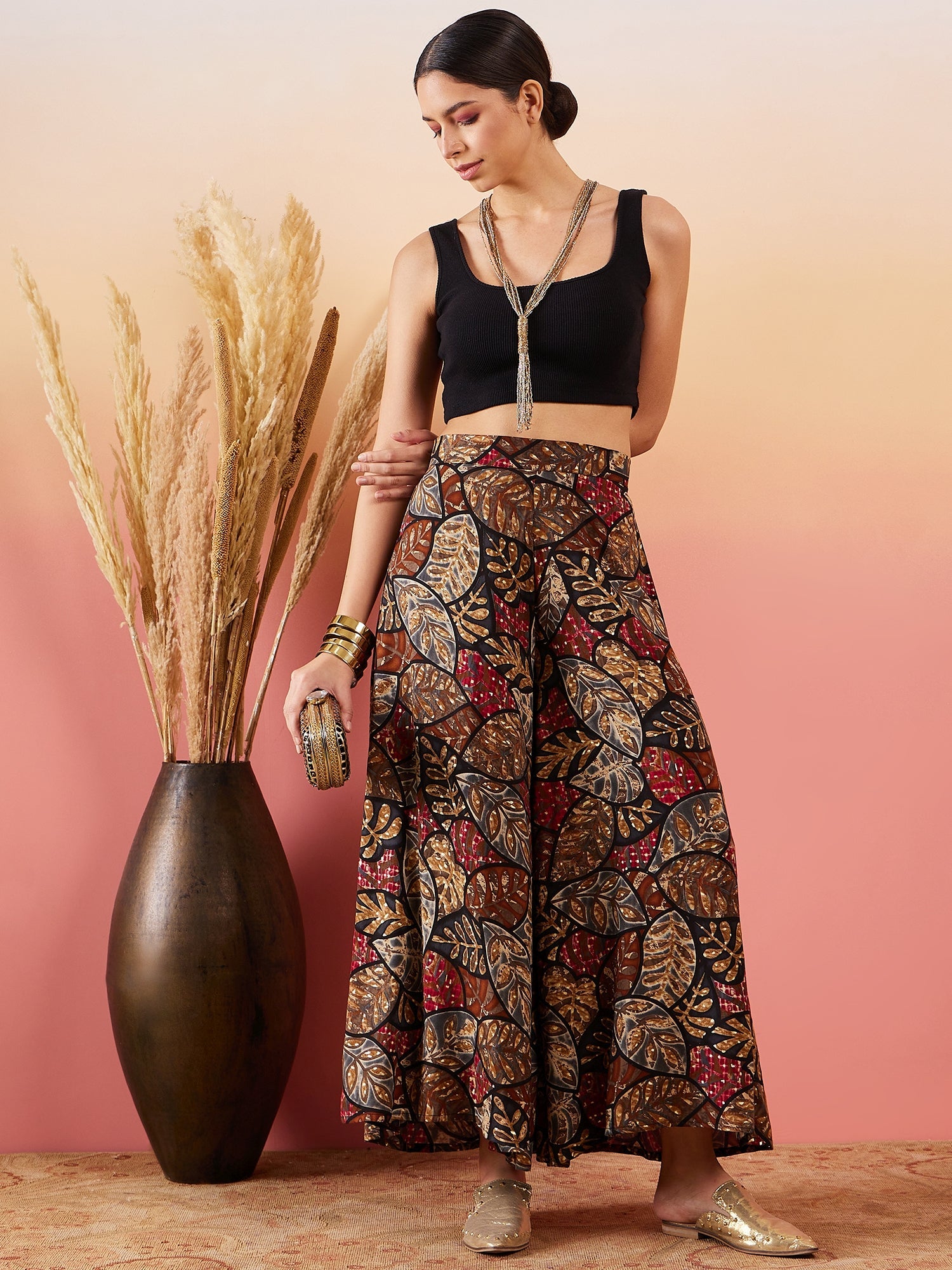 InWeave Black Grey Leaf Print Foil Palazzo - Distacart