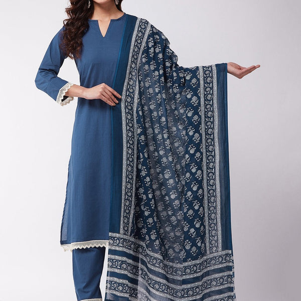 InWeave Blue Floral Cotton Dupattas - Distacart