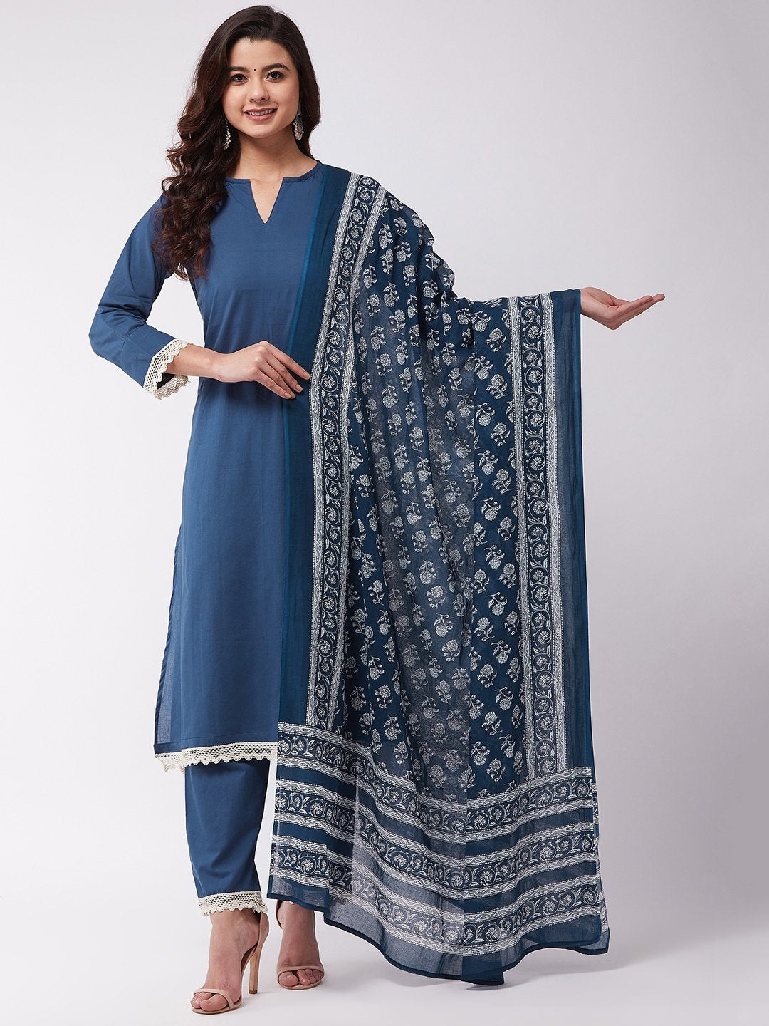 InWeave Blue Floral Cotton Dupattas - Distacart