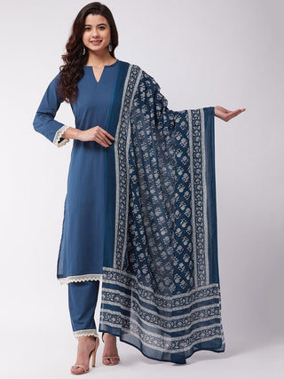 InWeave Blue Floral Cotton Dupattas