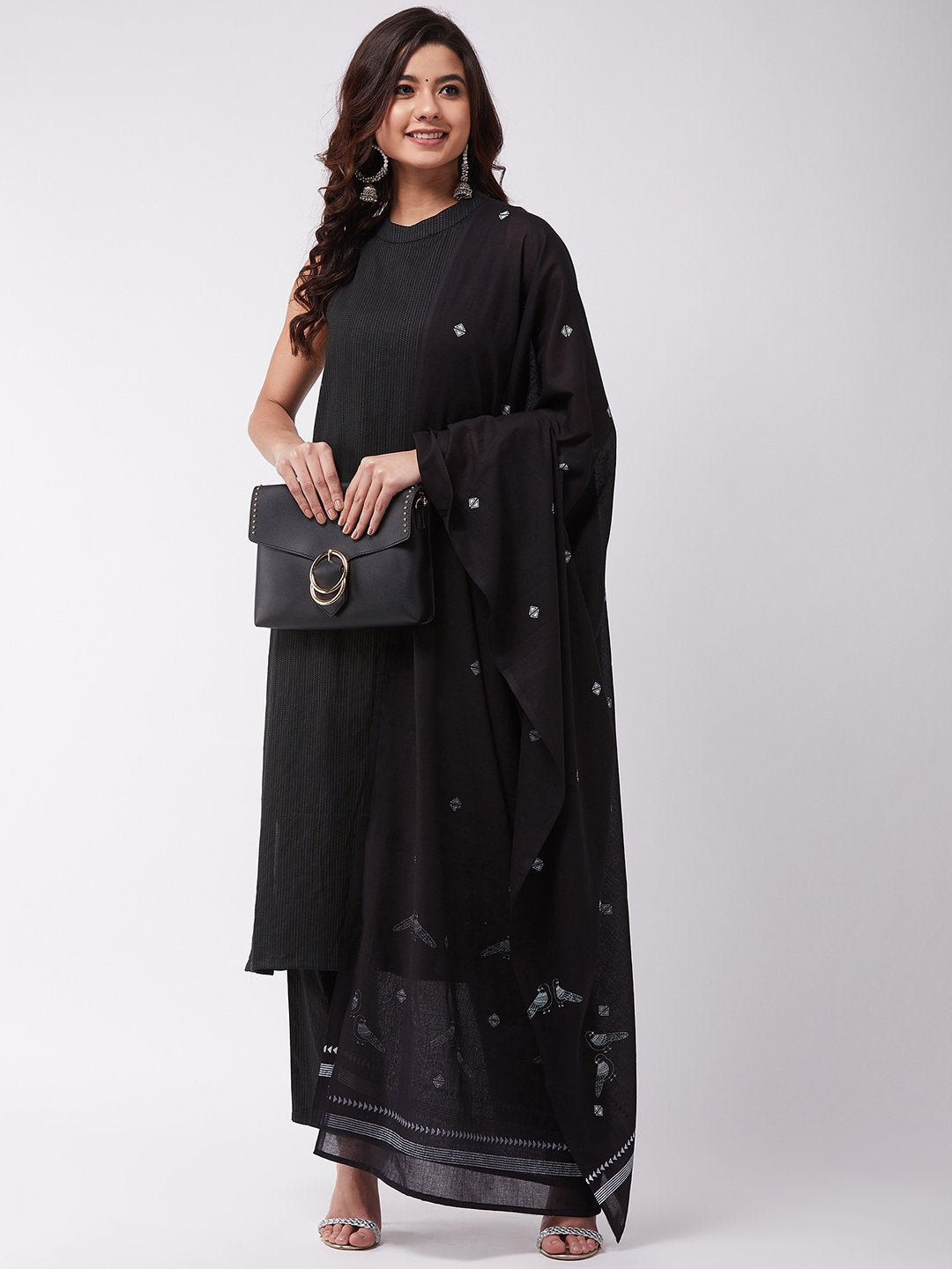 InWeave Black Bird Print Cotton Dupattas - Distacart