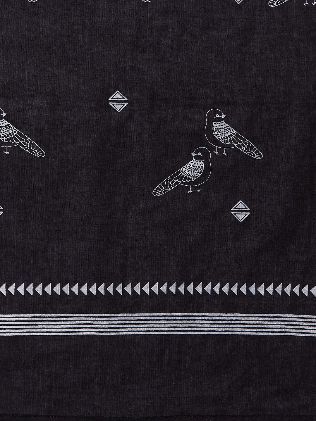 InWeave Black Bird Print Cotton Dupattas