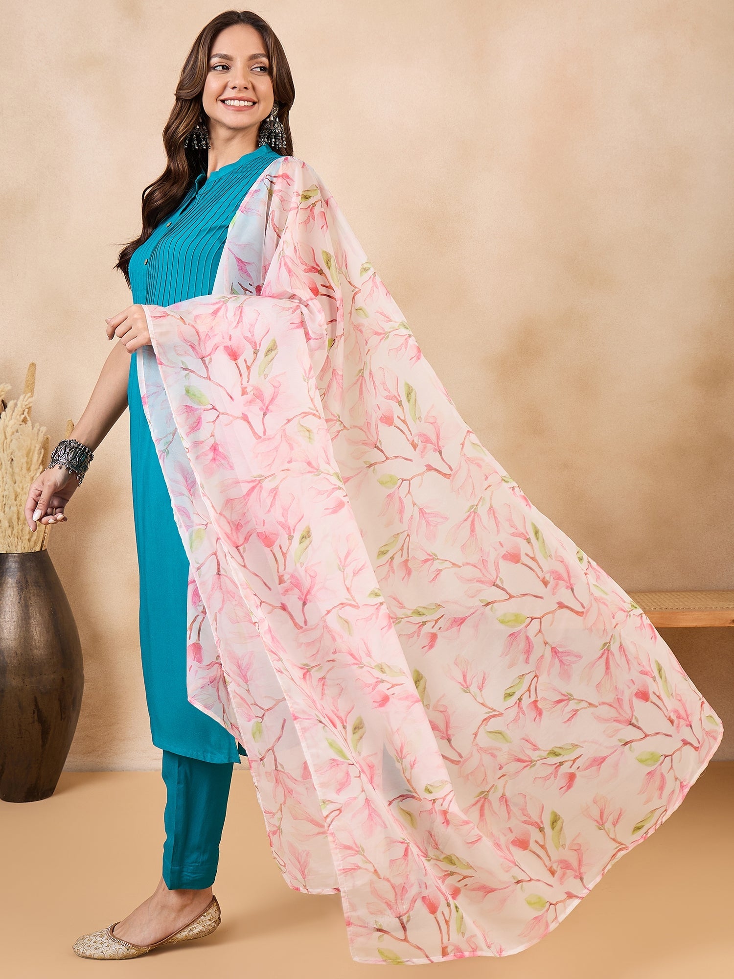 InWeave White Peach Floral Print Organza Dupatta - Distacart
