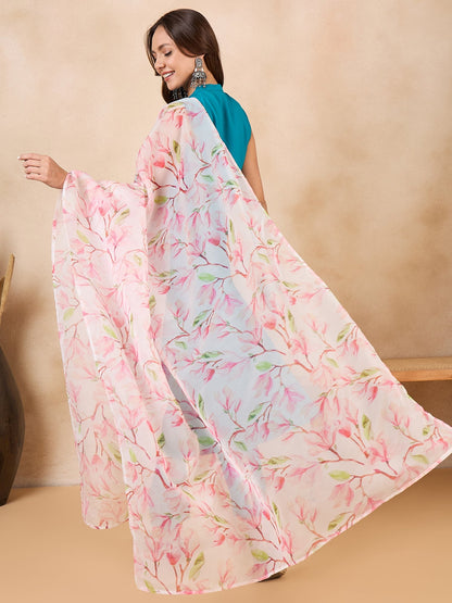 InWeave White Peach Floral Print Organza Dupatta - Distacart