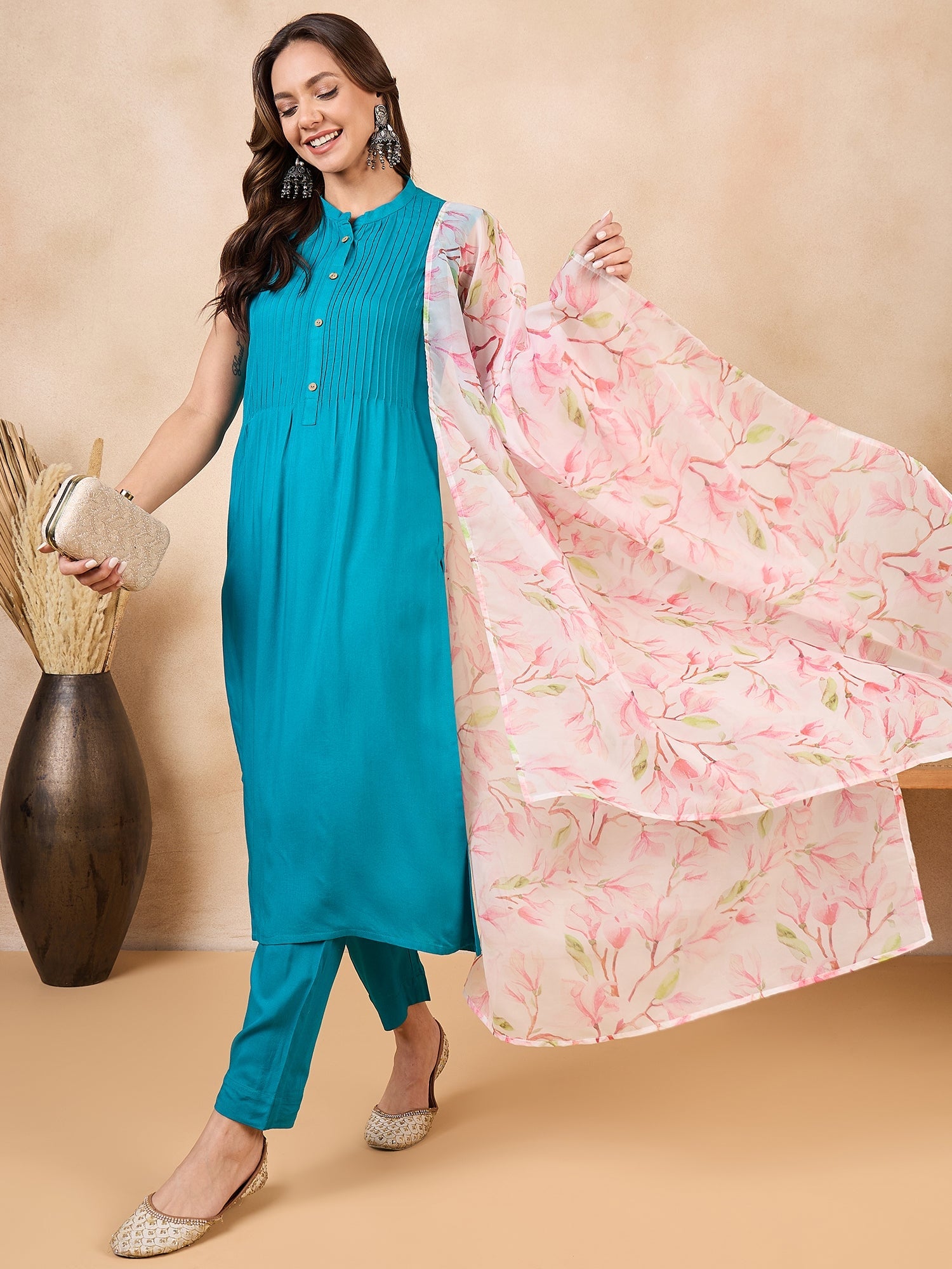 InWeave White Peach Floral Print Organza Dupatta - Distacart