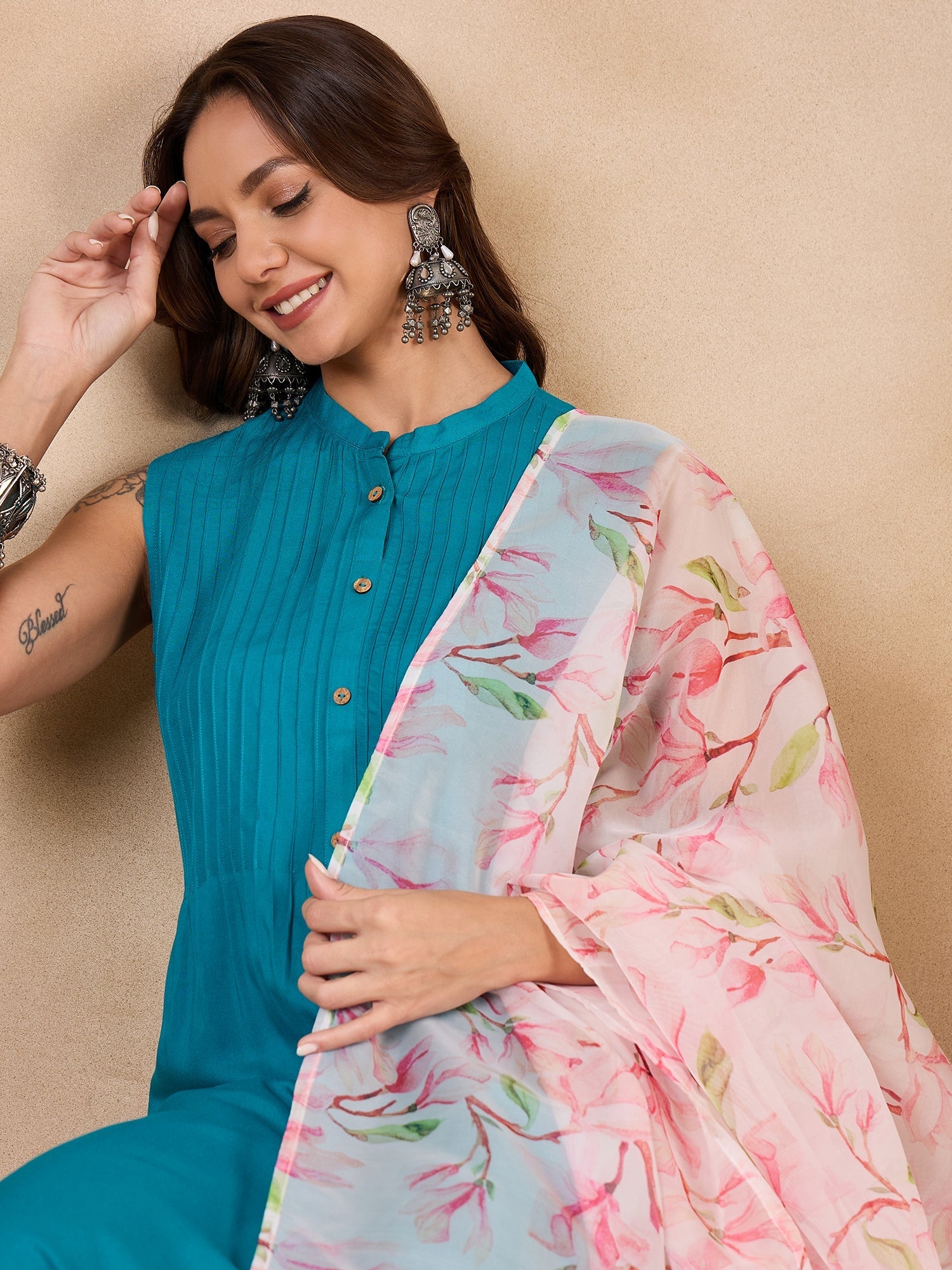 InWeave White Peach Floral Print Organza Dupatta - Distacart