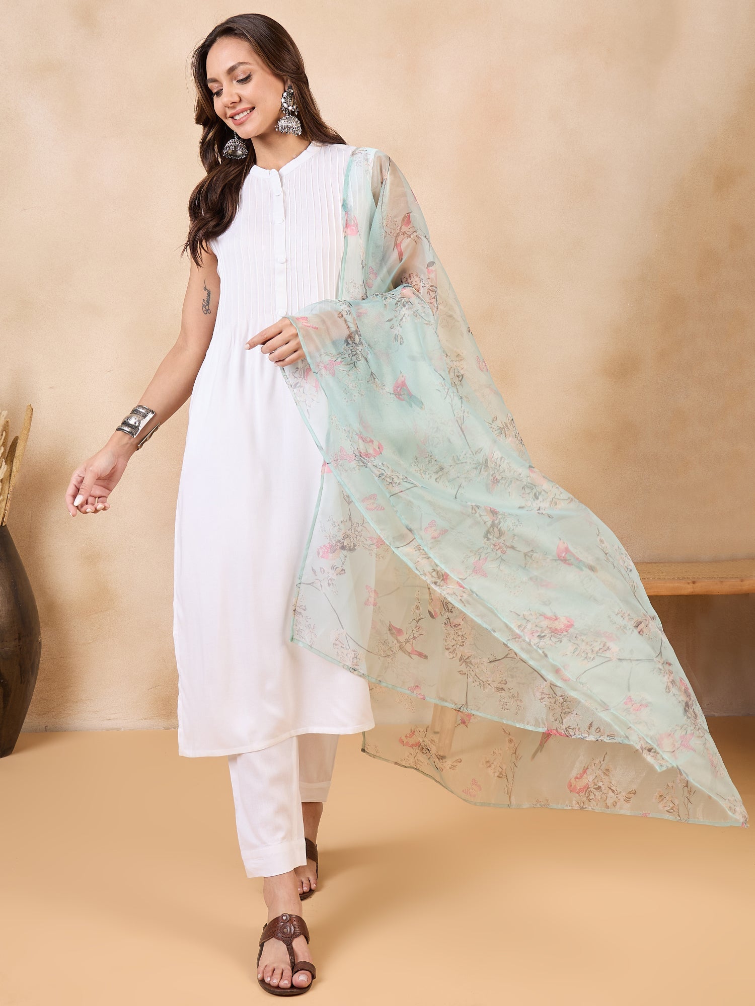InWeave Teal Bird Print Organza Dupatta - Distacart