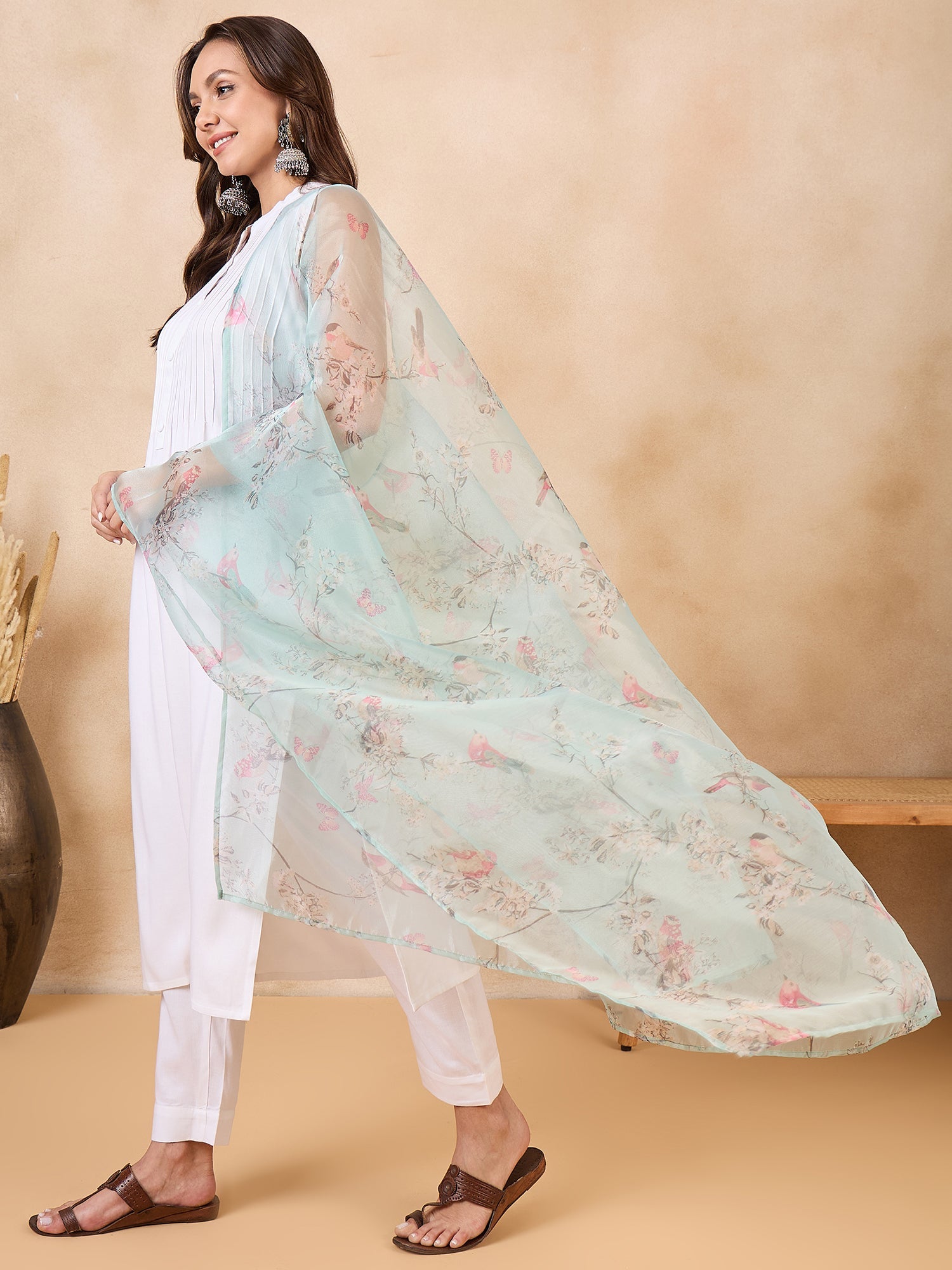 InWeave Teal Bird Print Organza Dupatta - Distacart