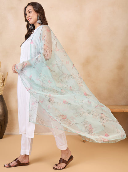InWeave Teal Bird Print Organza Dupatta - Distacart
