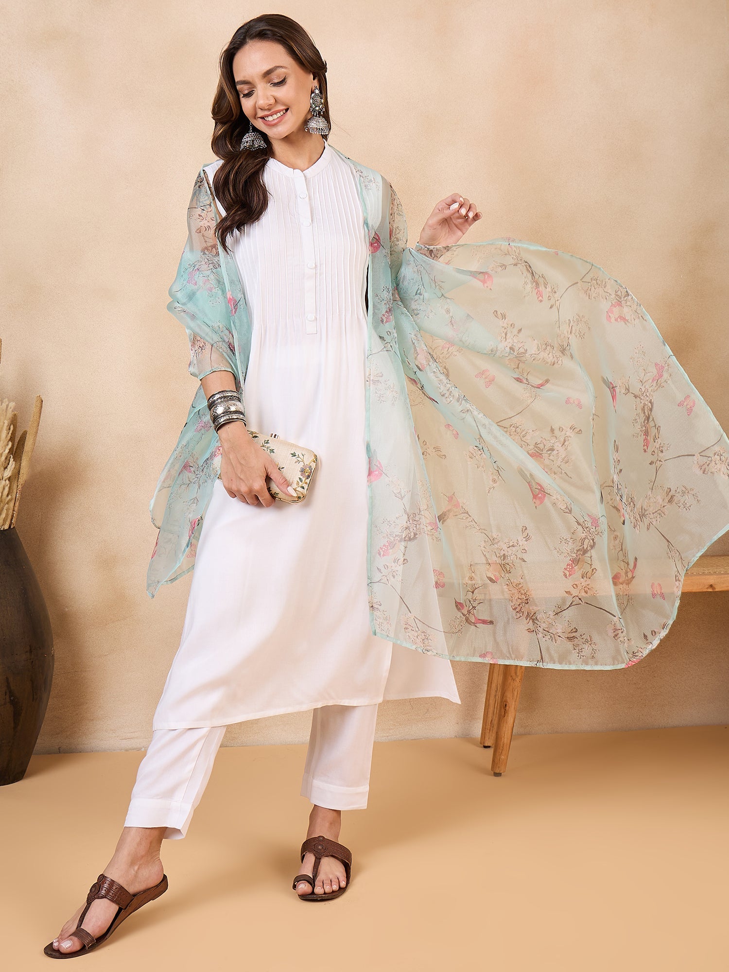 InWeave Teal Bird Print Organza Dupatta - Distacart