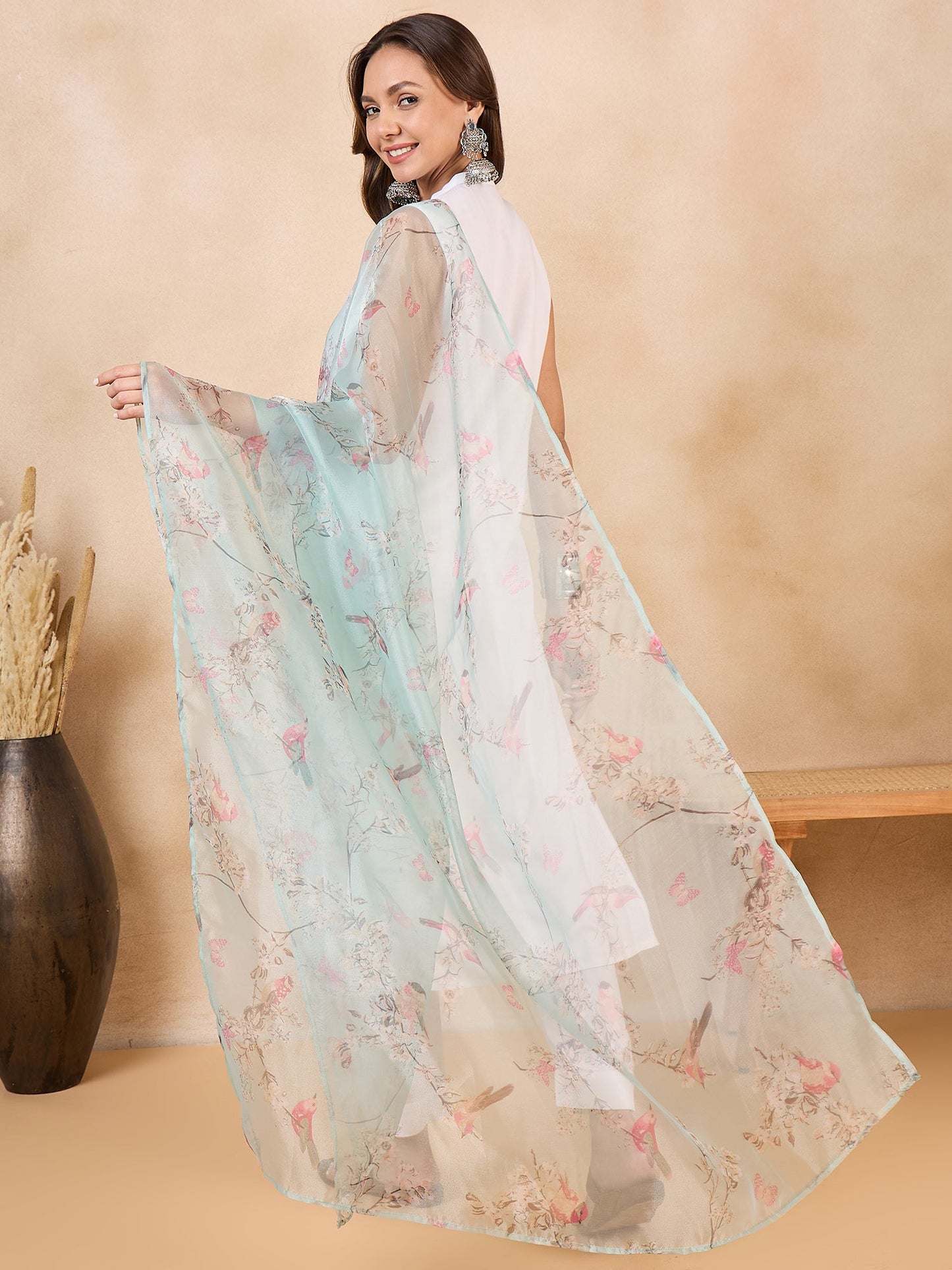 InWeave Teal Bird Print Organza Dupatta - Distacart
