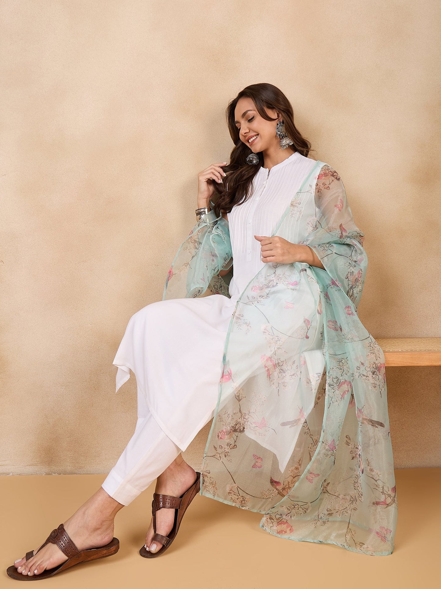 InWeave Teal Bird Print Organza Dupatta - Distacart