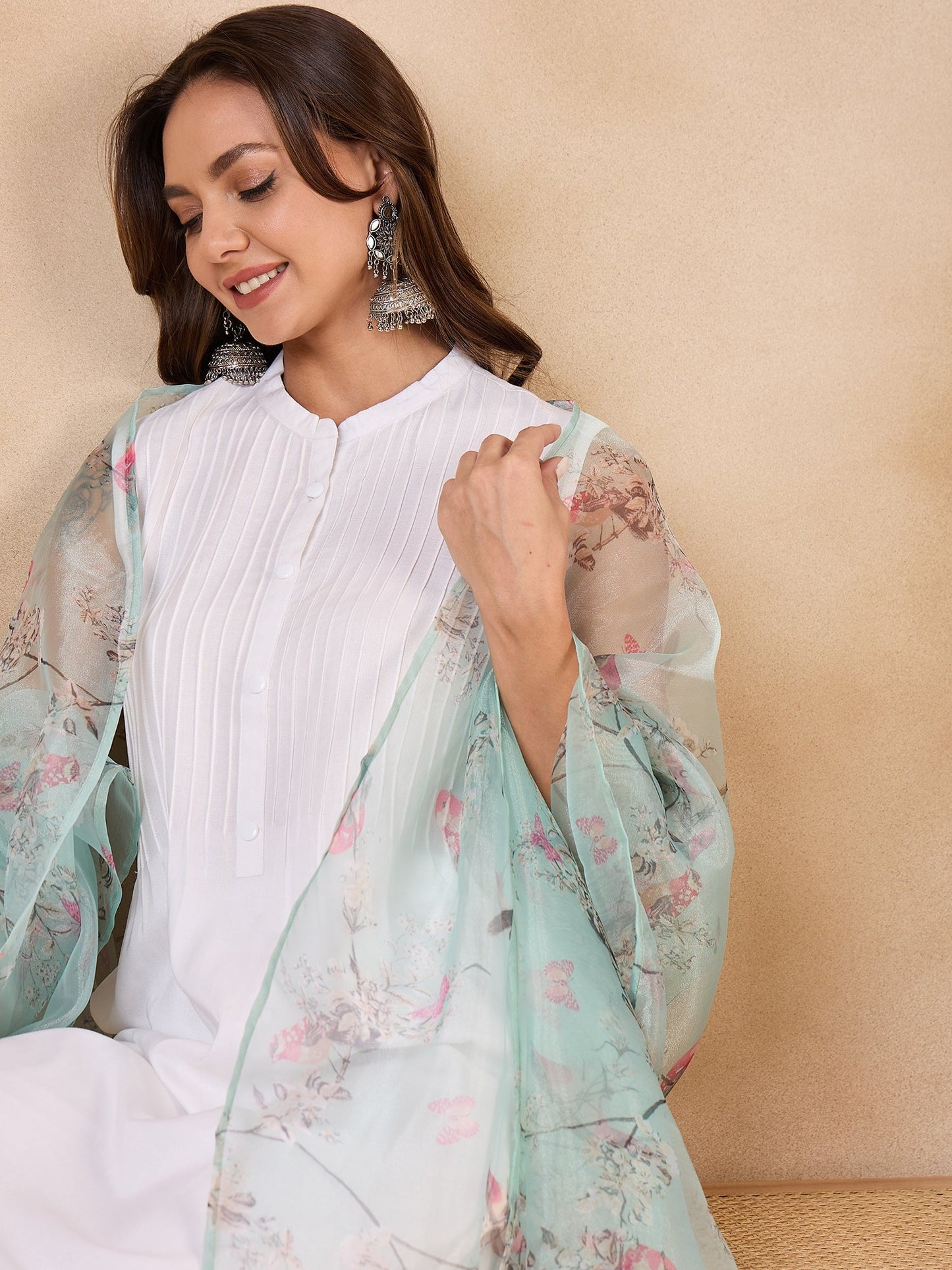 InWeave Teal Bird Print Organza Dupatta - Distacart