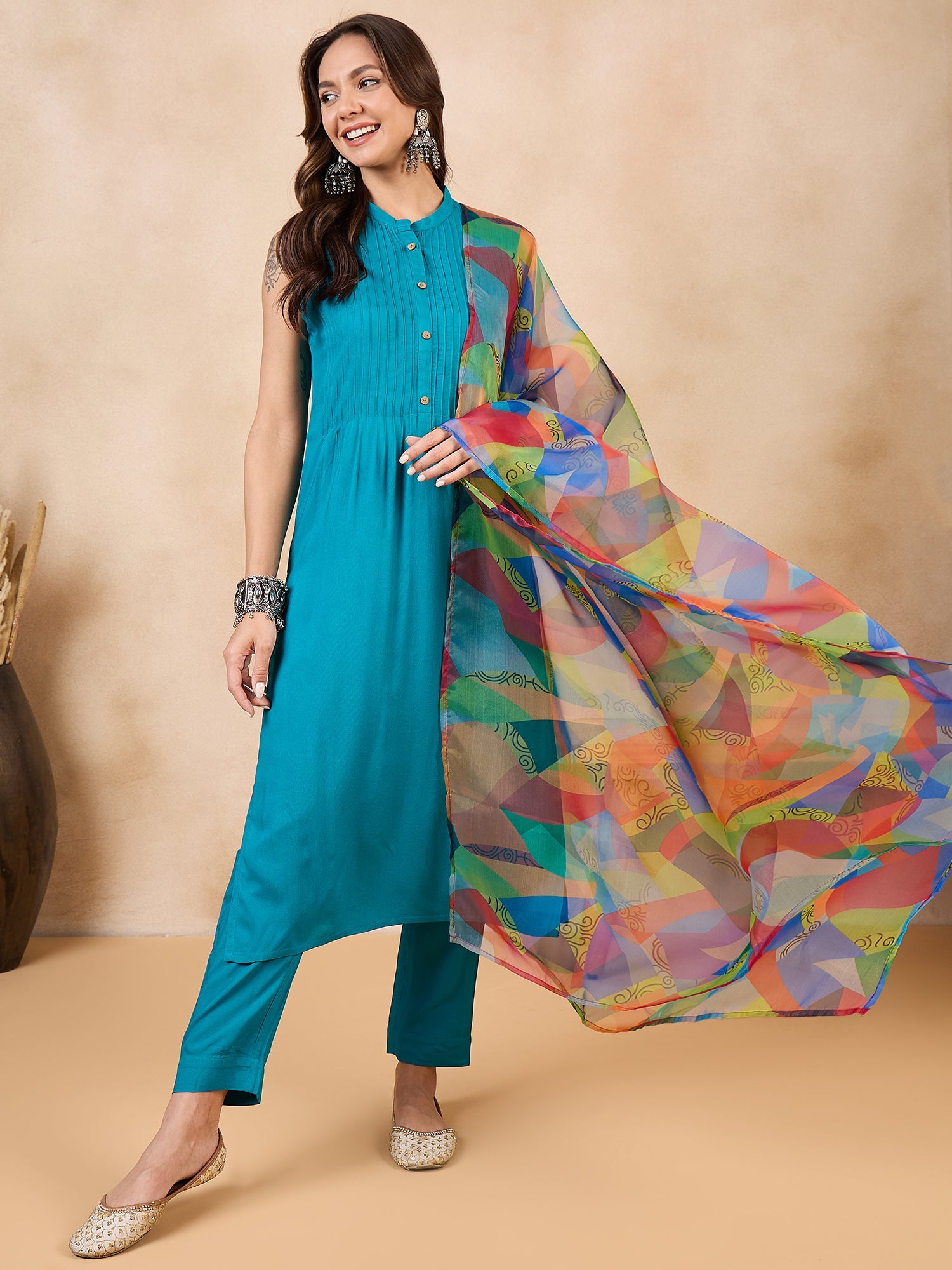 InWeave Green Big Abstract Print Organza Dupatta - Distacart