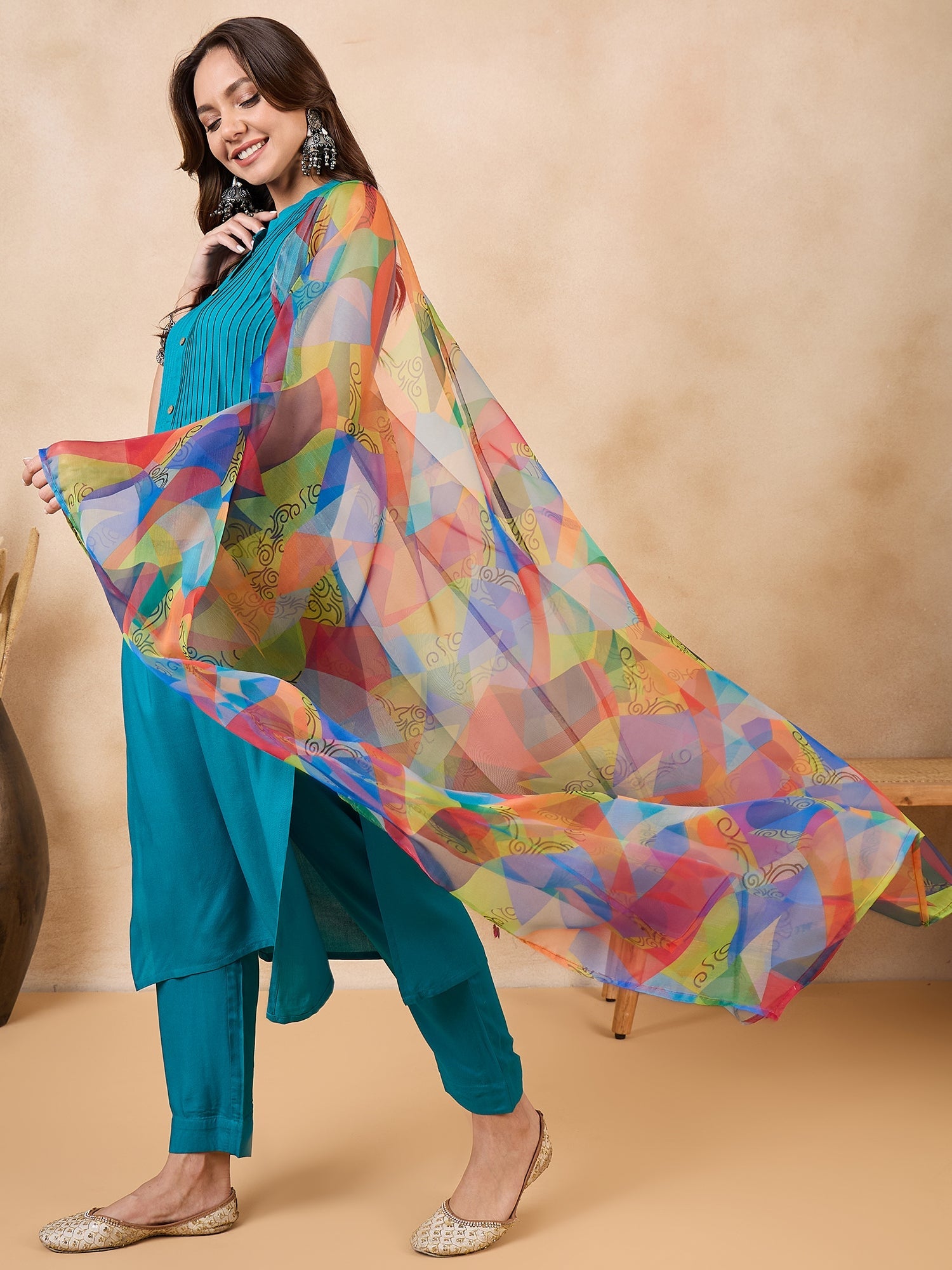 InWeave Green Big Abstract Print Organza Dupatta - Distacart