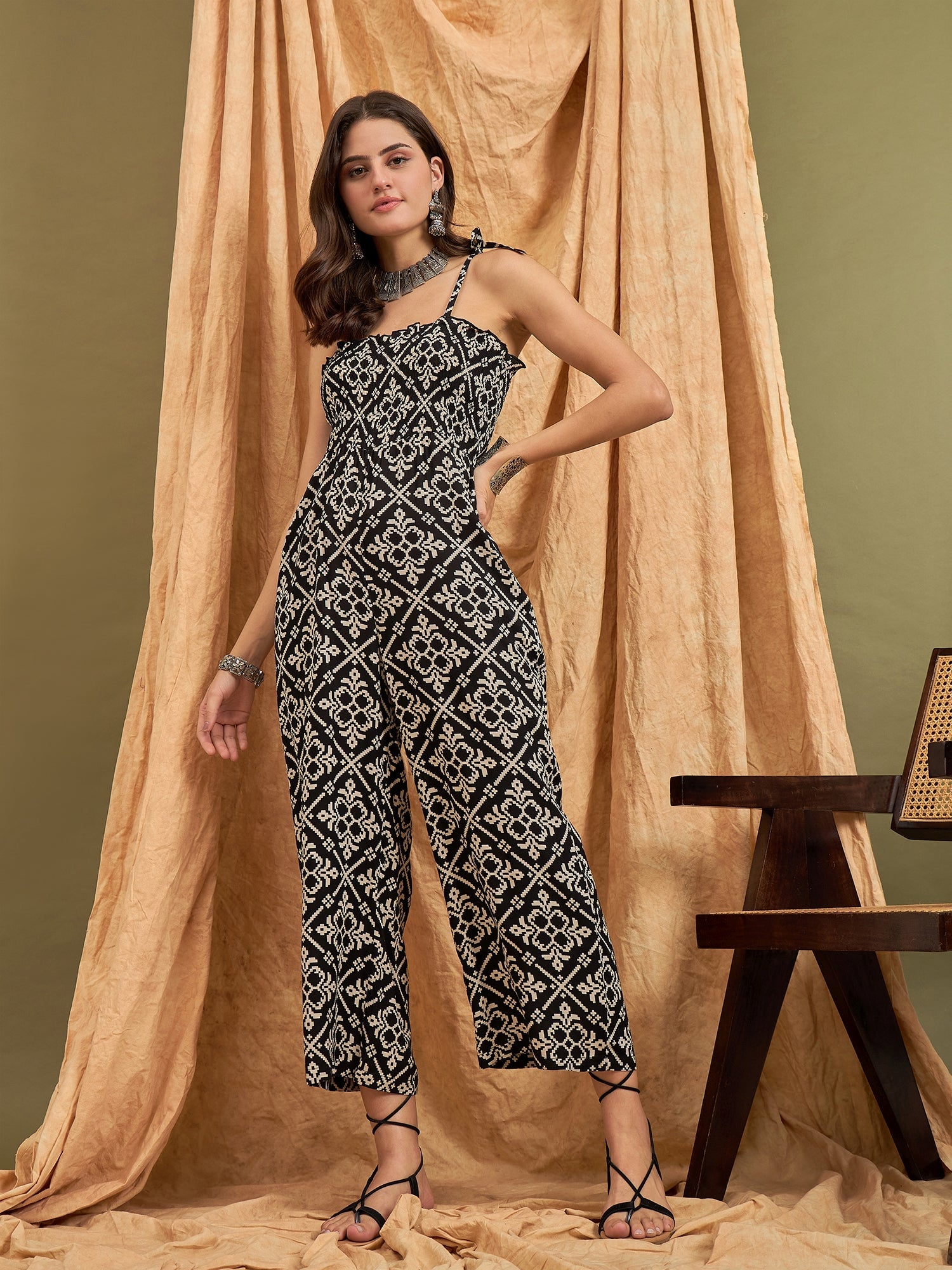InWeave Black Damask Print Strappy Jumpsuit - Distacart