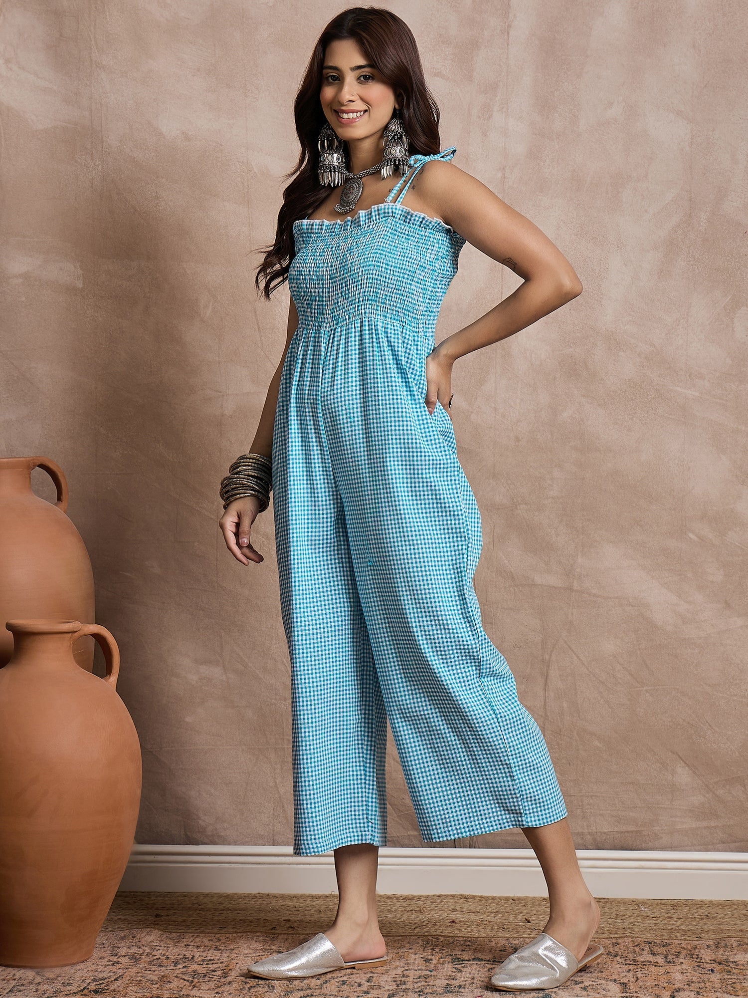InWeave Cyan Blue Small Check Strappy Jumpsuit - Distacart