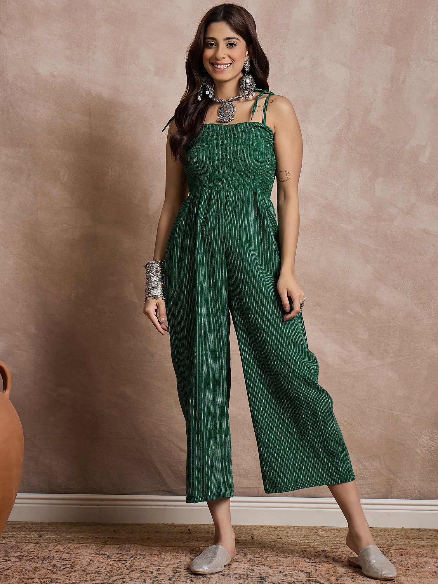 InWeave Green Kantha Strappy Jumpsuit - Distacart