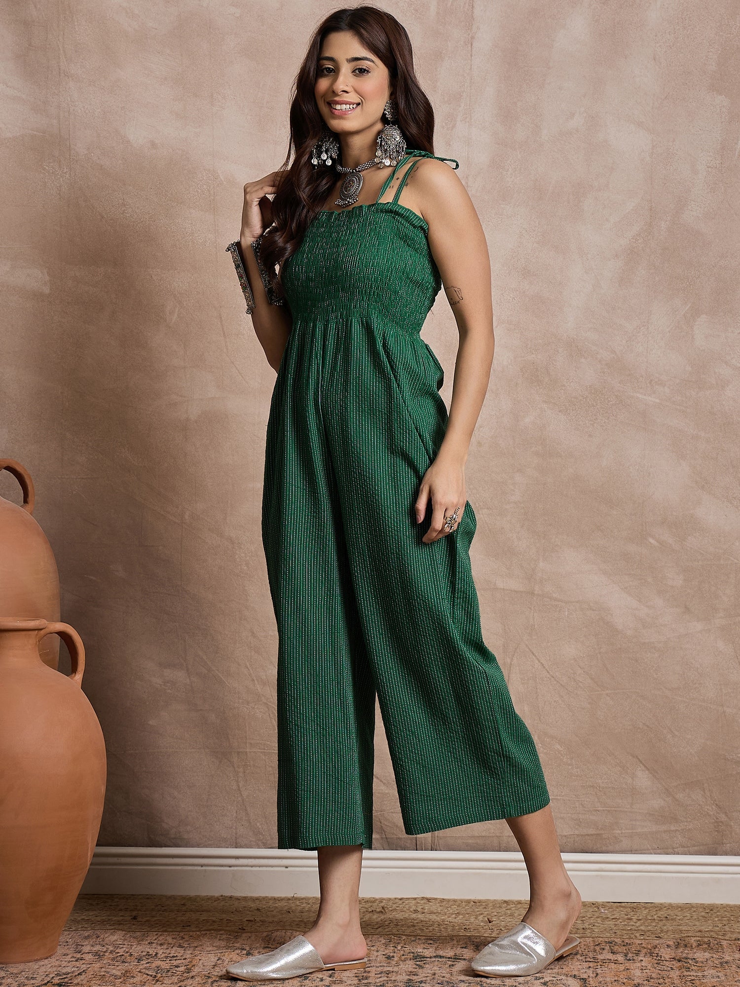 InWeave Green Kantha Strappy Jumpsuit - Distacart