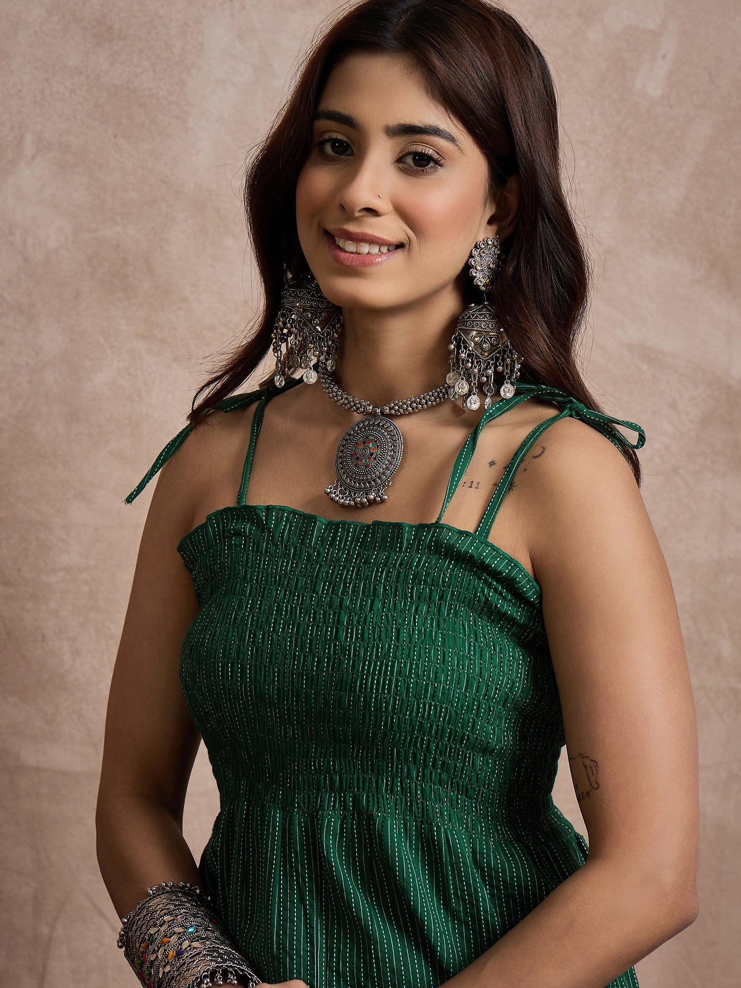 InWeave Green Kantha Strappy Jumpsuit - Distacart