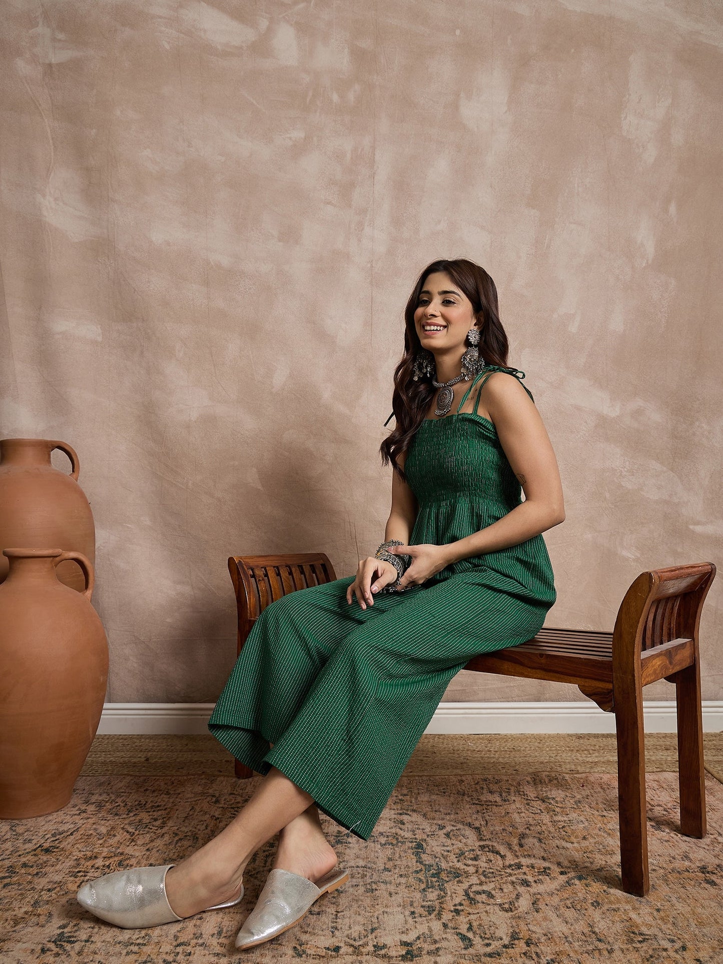 InWeave Green Kantha Strappy Jumpsuit - Distacart