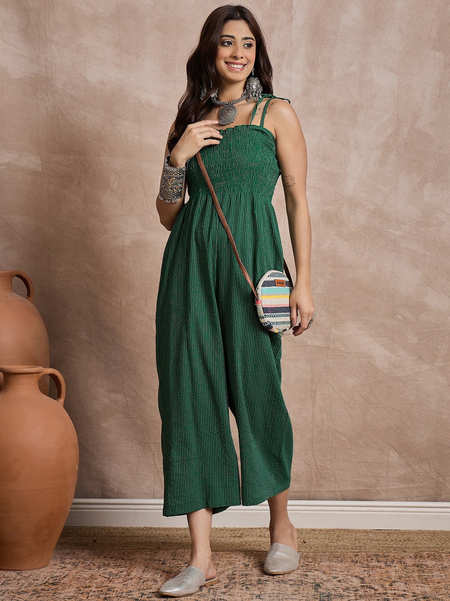 InWeave Green Kantha Strappy Jumpsuit - Distacart