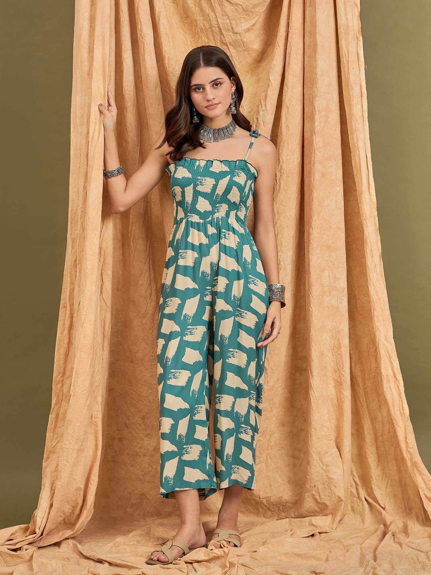 InWeave Marin Teal Beige Strappy Jumpsuit - Distacart