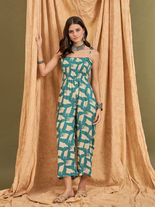 InWeave Marin Teal Beige Strappy Jumpsuit