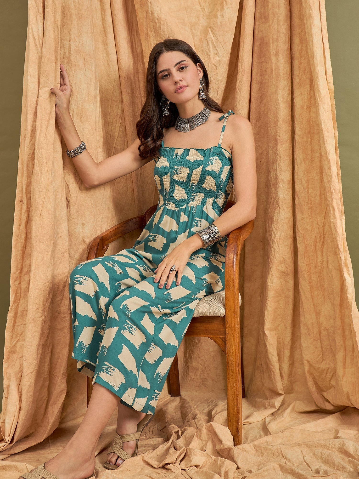 InWeave Marin Teal Beige Strappy Jumpsuit - Distacart