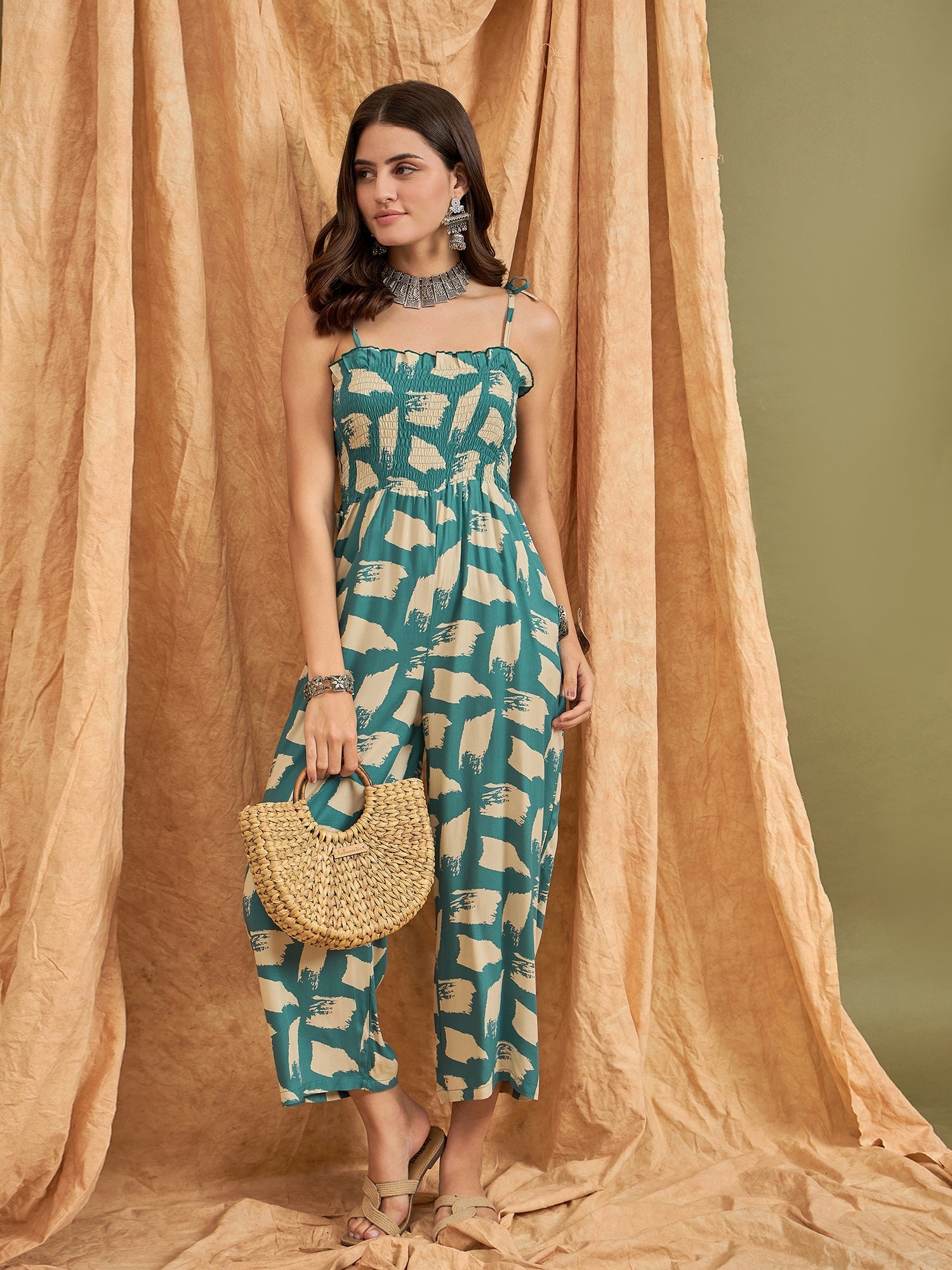 InWeave Marin Teal Beige Strappy Jumpsuit - Distacart