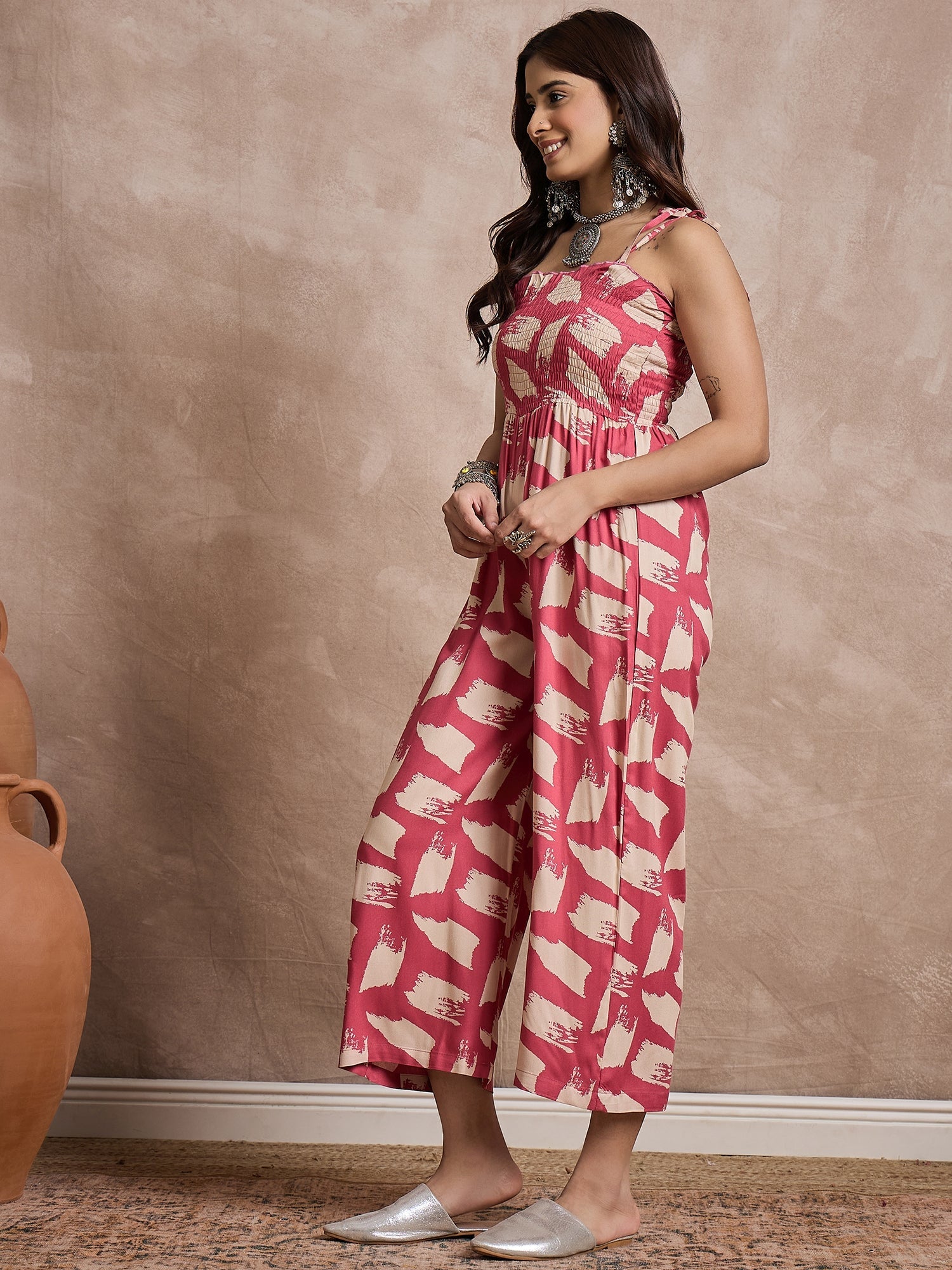 InWeave Punch Pink Beige Strappy Jumpsuit - Distacart