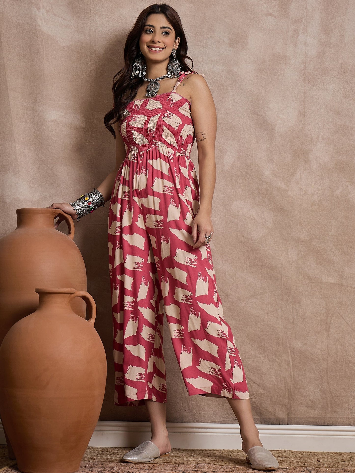 InWeave Punch Pink Beige Strappy Jumpsuit - Distacart