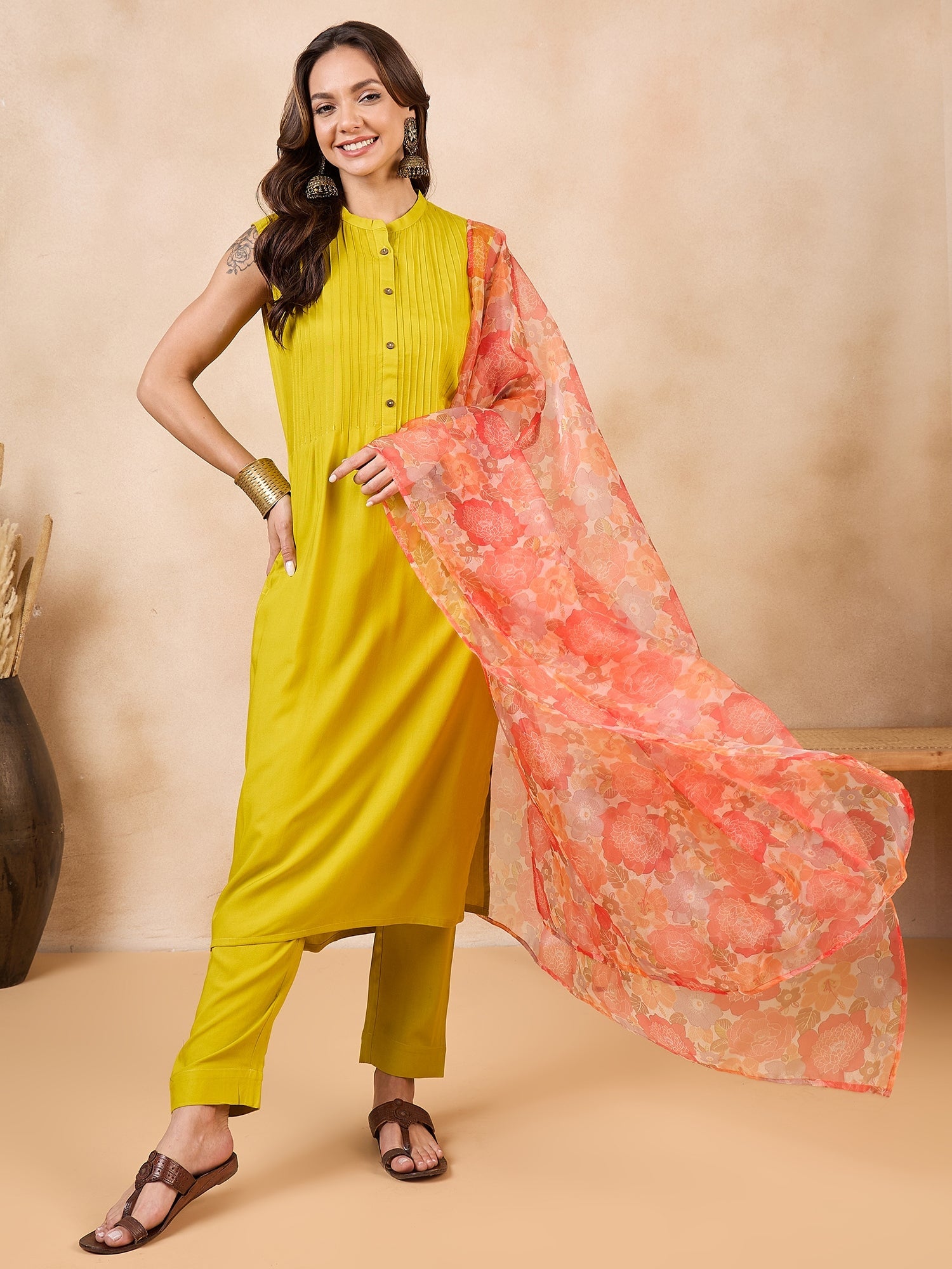 InWeave Orange Big Floral Organza Dupatta - Distacart