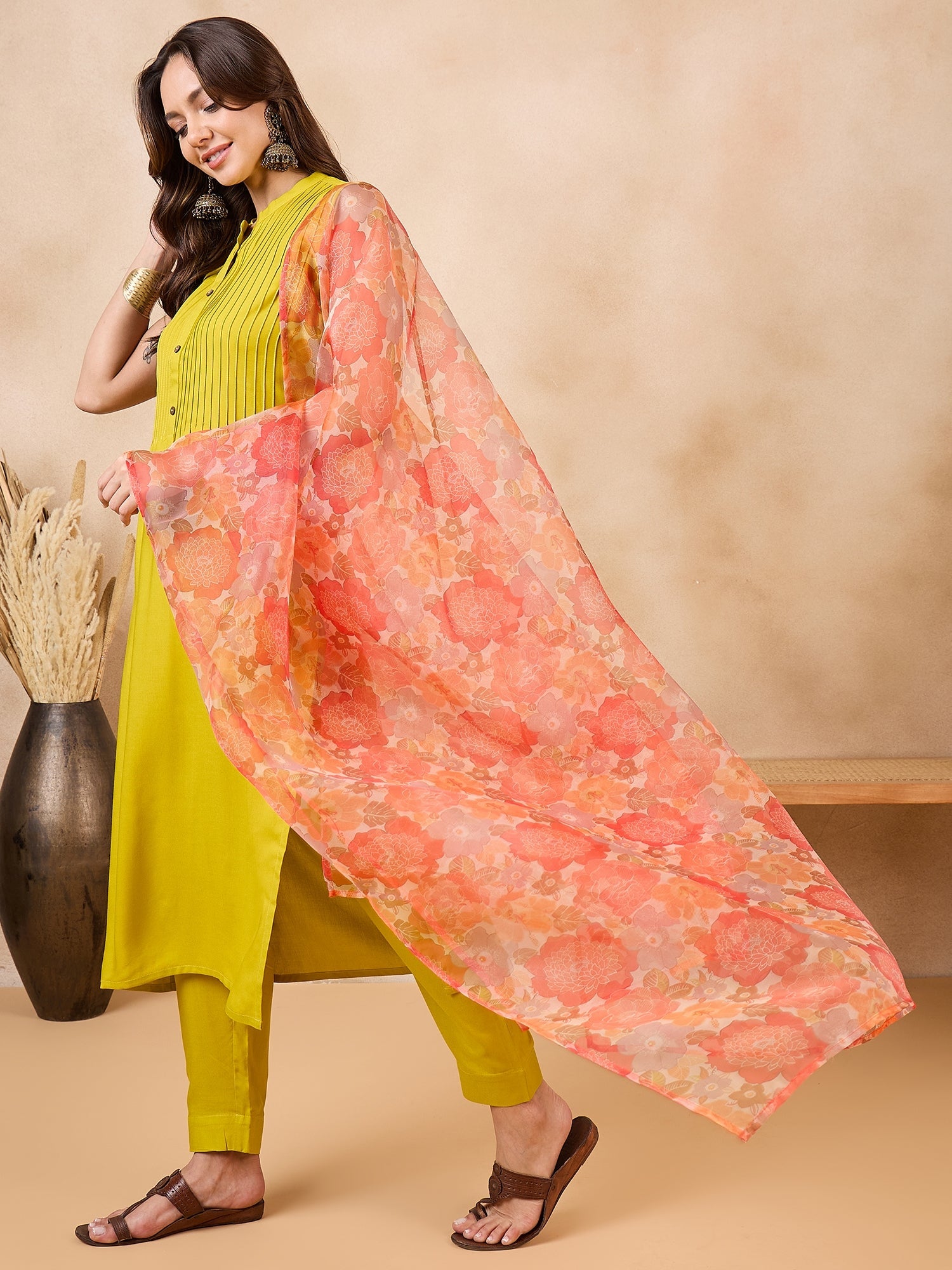 InWeave Orange Big Floral Organza Dupatta - Distacart