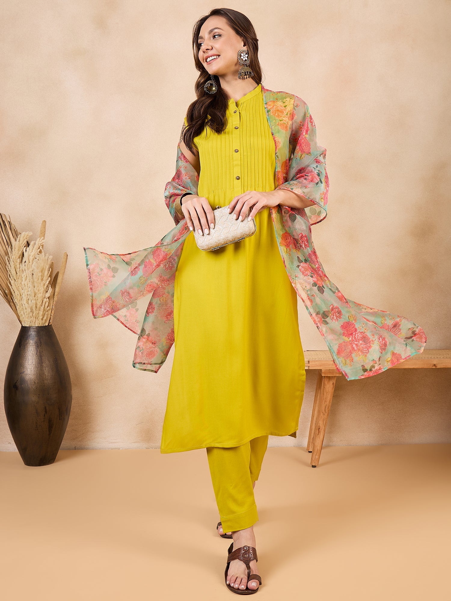 InWeave Pear Green Pink Floral Organza Dupatta - Distacart