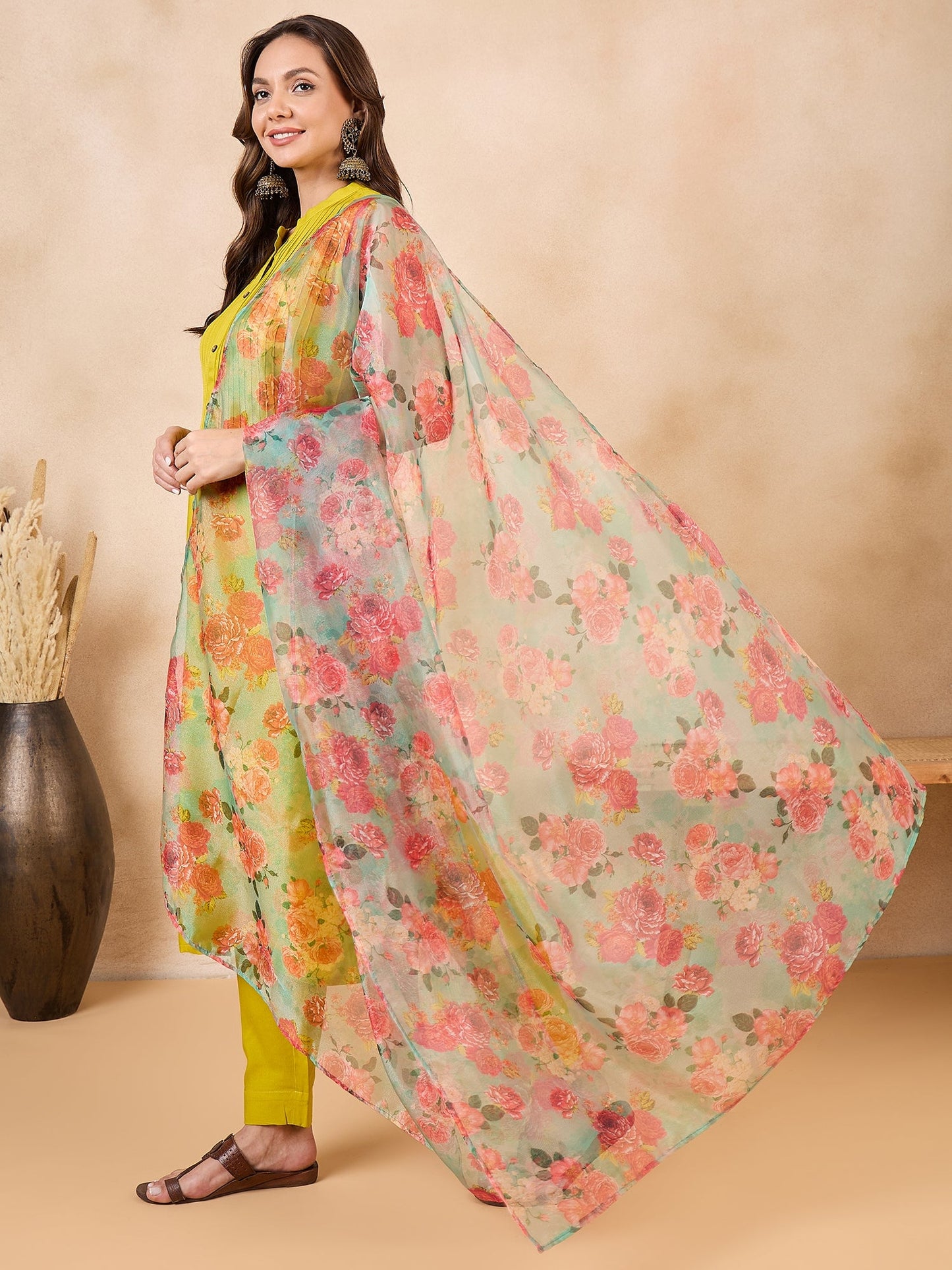 InWeave Pear Green Pink Floral Organza Dupatta - Distacart