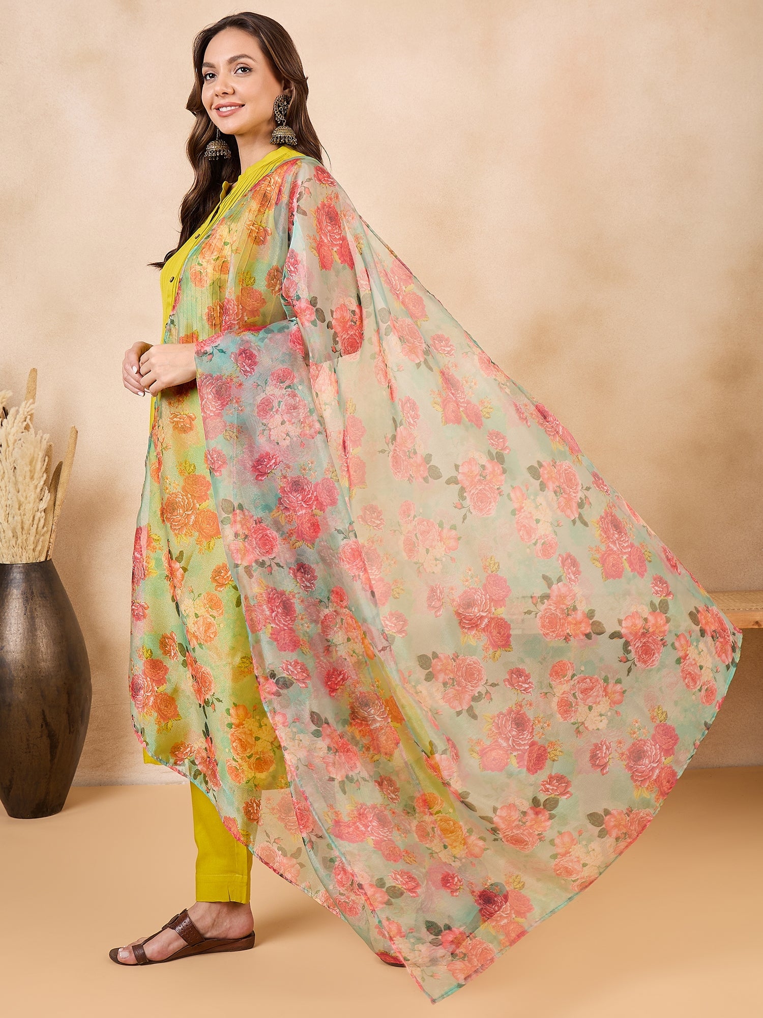 InWeave Pear Green Pink Floral Organza Dupatta - Distacart